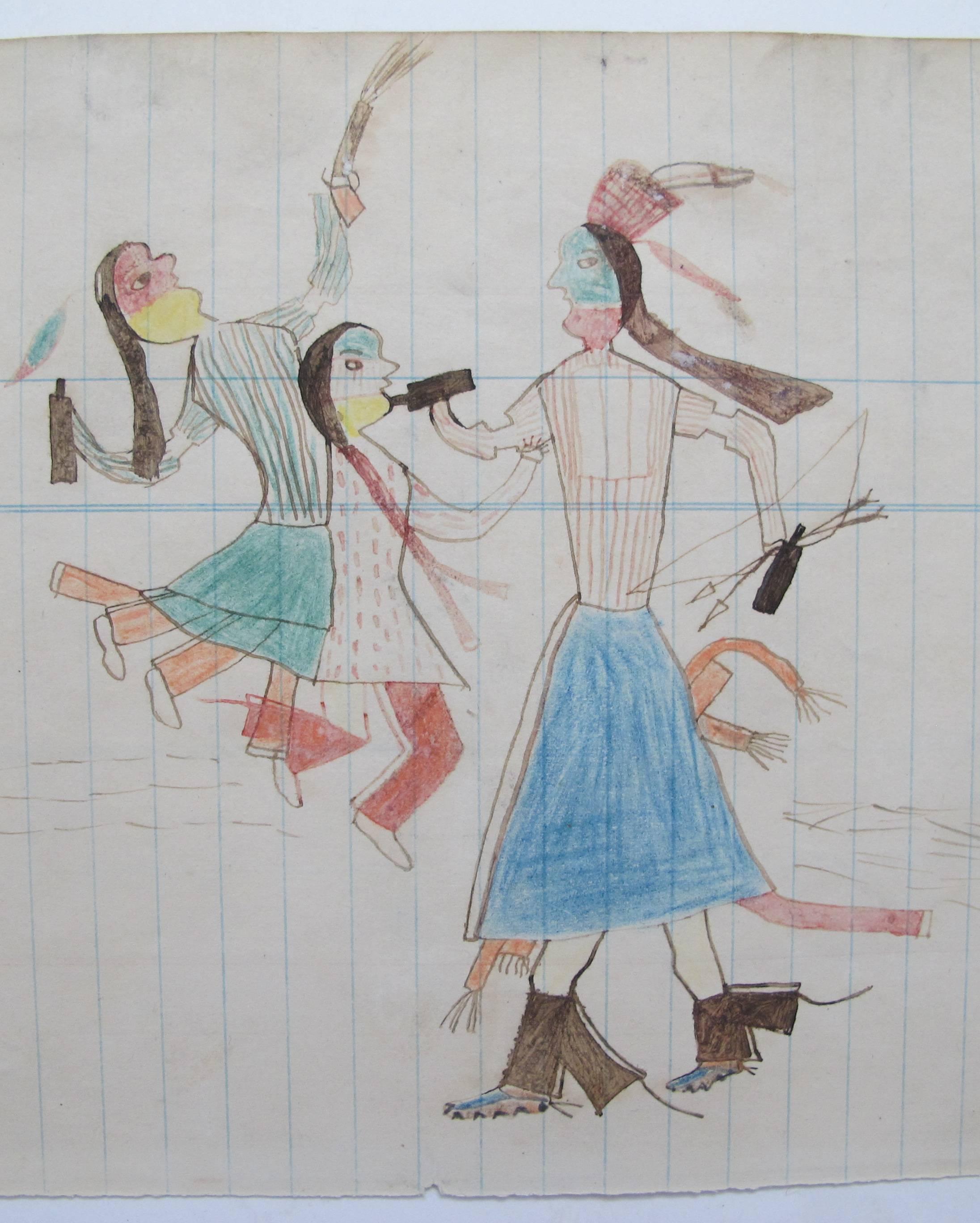 Native American Plains Indian Ledger Drawing Whooping It Up