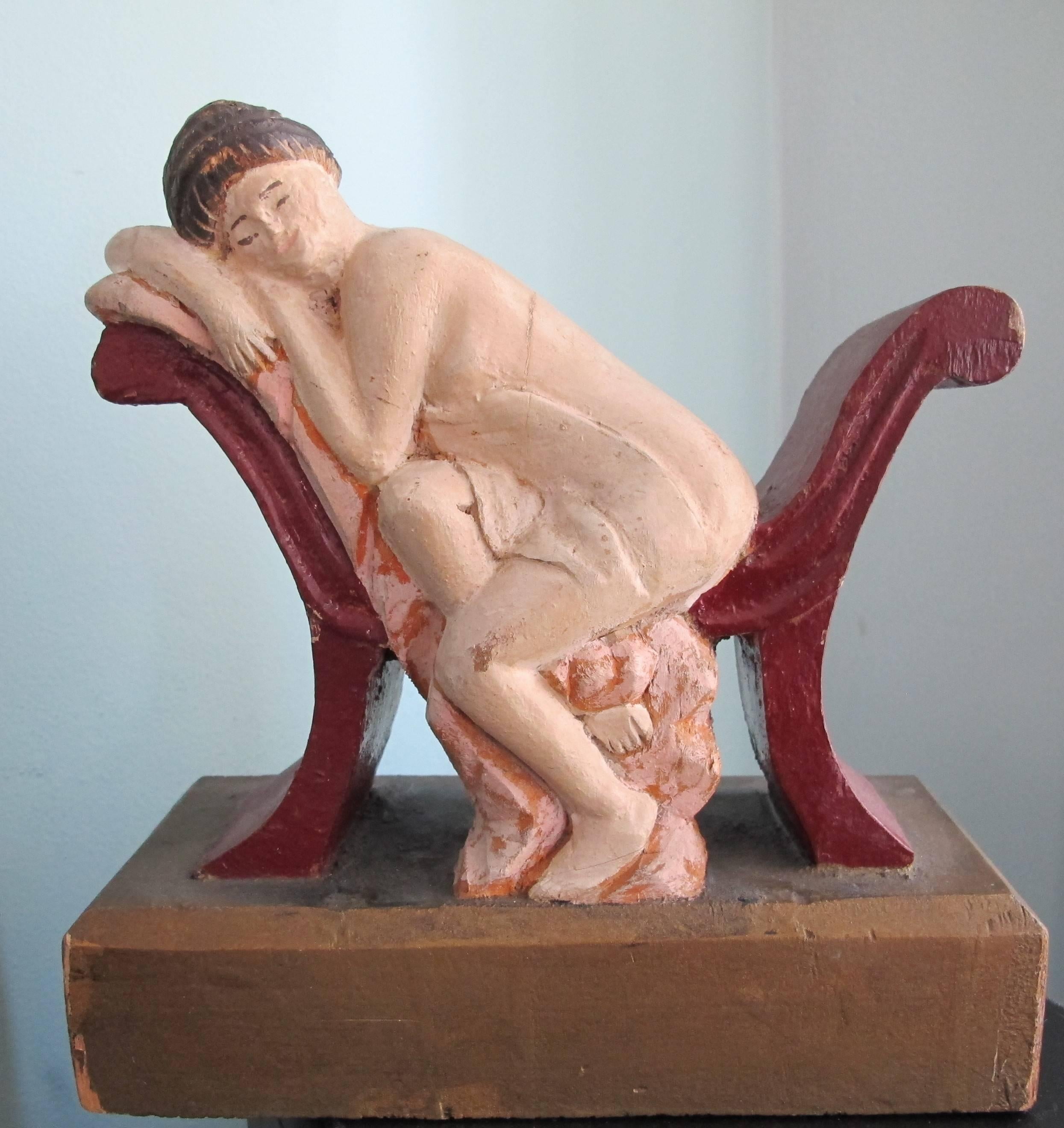 American Carved Reclining Woman on Chaise Carved by Fred Alten