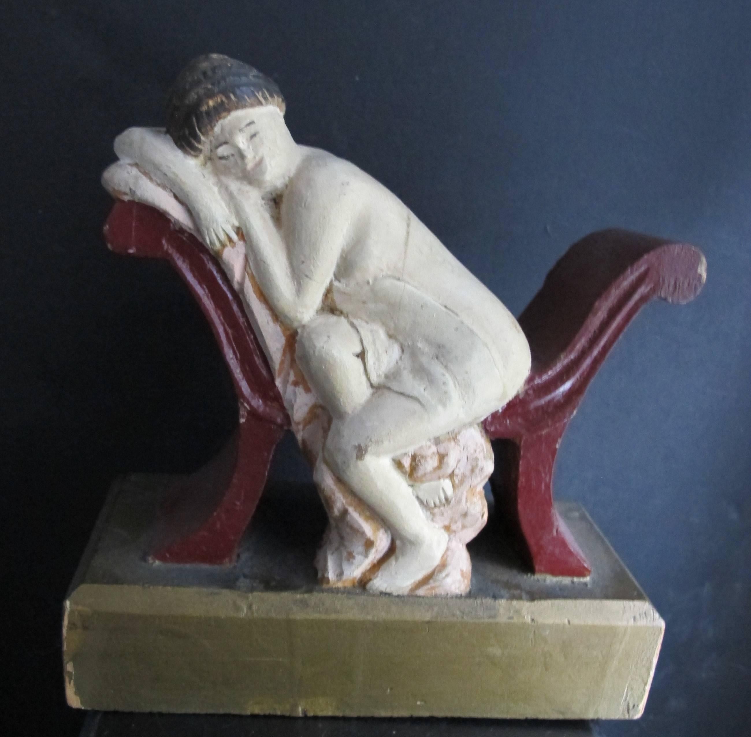 Carved Reclining Woman on Chaise Carved by Fred Alten In Excellent Condition In New York, NY
