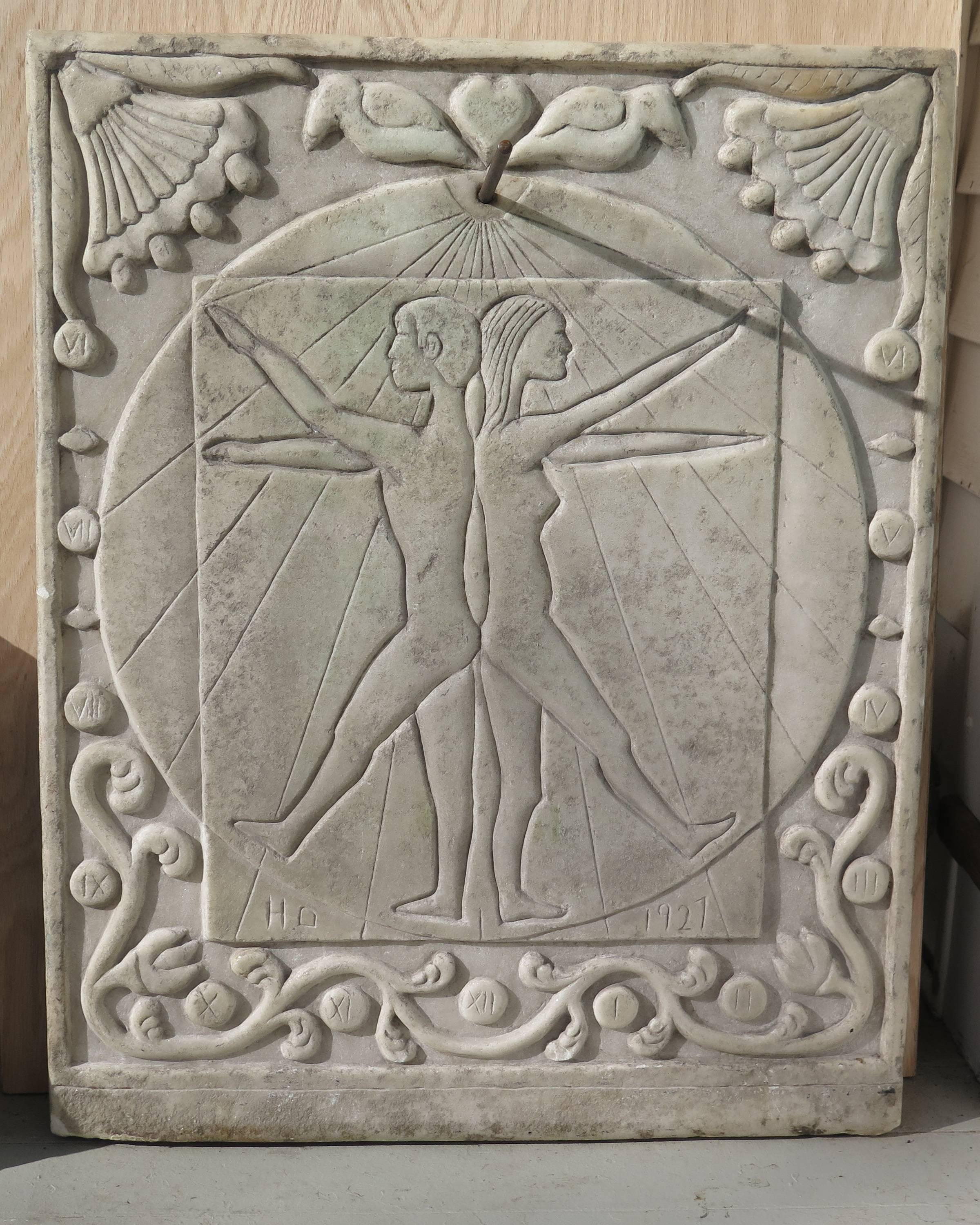 Carved Marble Sundial with Incised Figures by HD For Sale