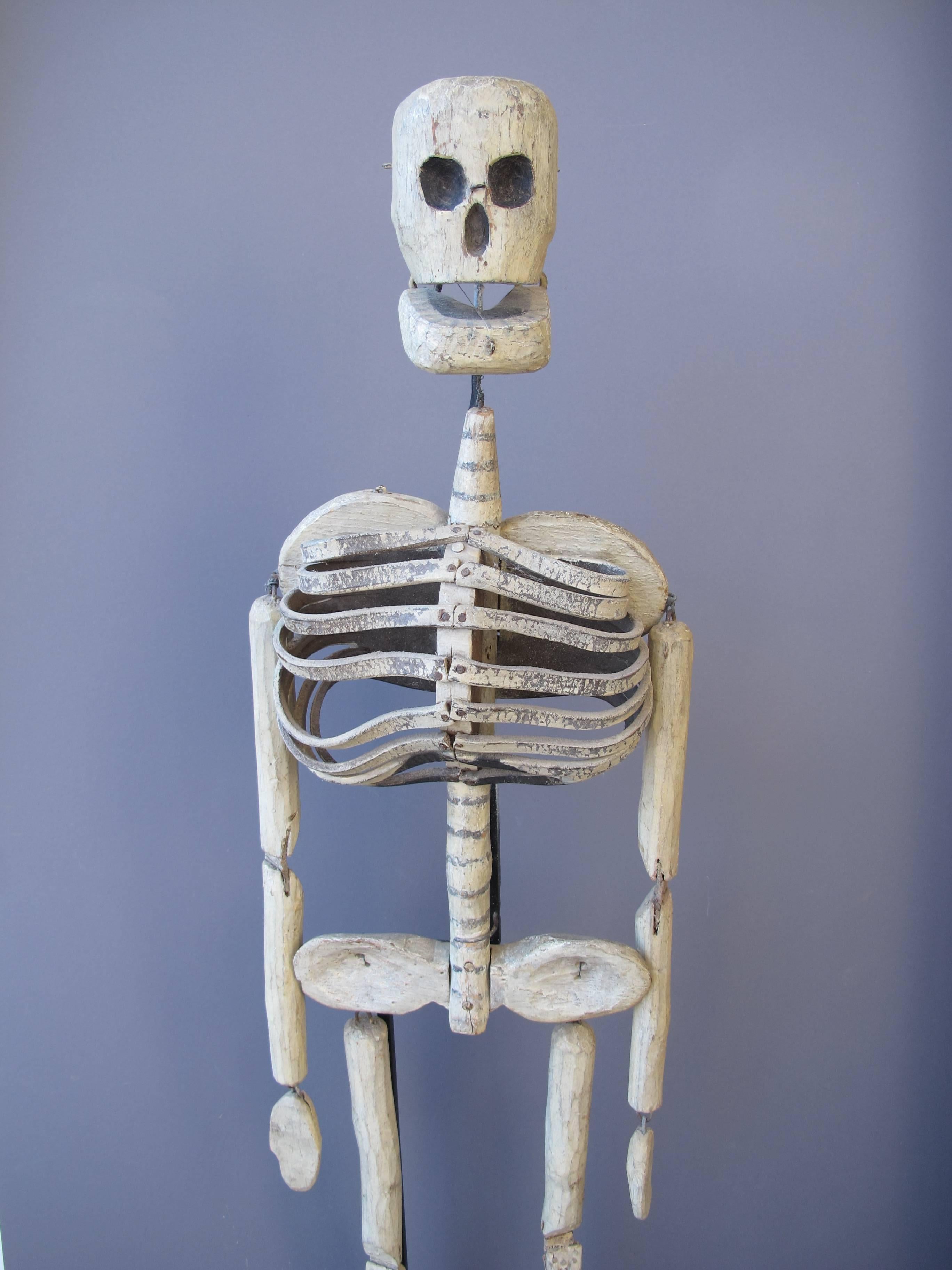 Folk Art Wood and Leather Skeleton Puppet from Odd Fellows Lodge