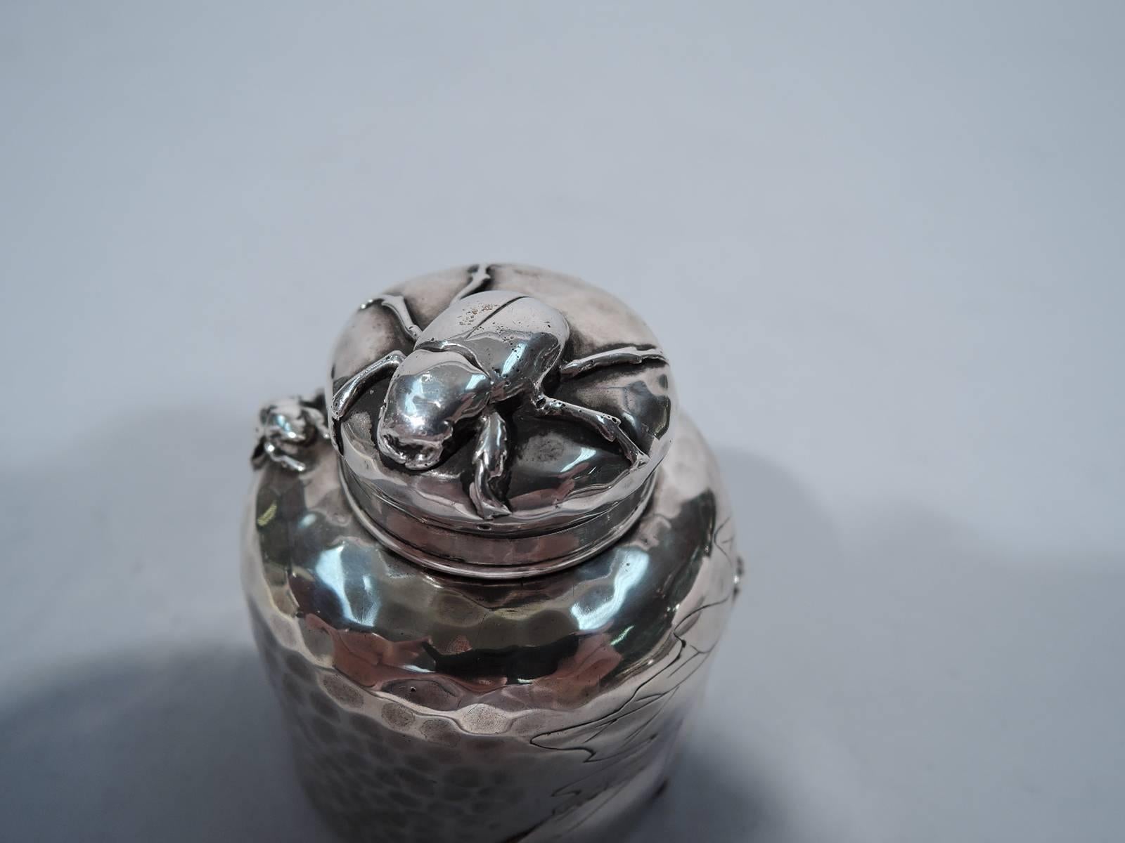 American Rare Tiffany Hand-Hammered and Applied Silver Inkwell with Bugs