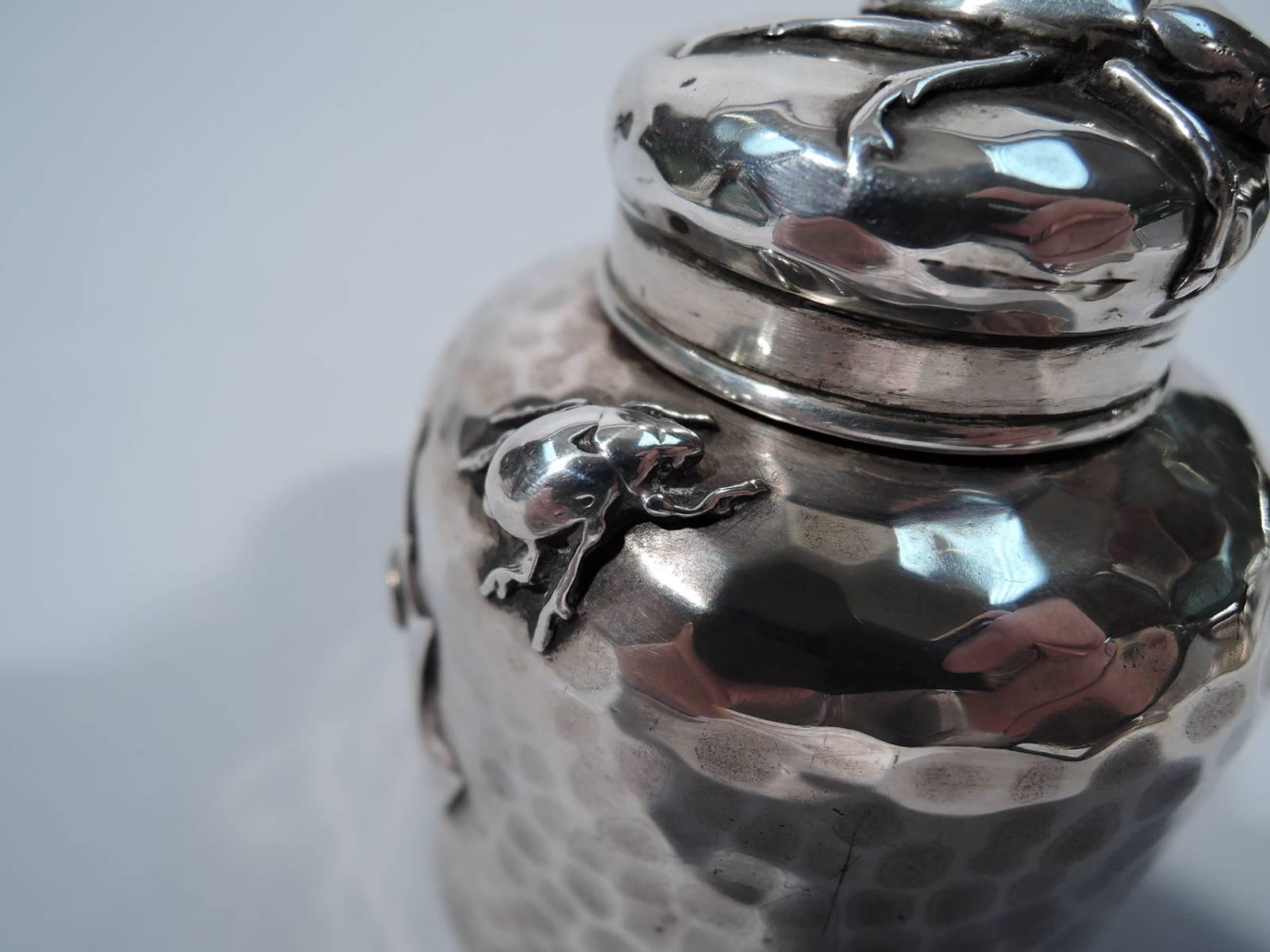 Rare Tiffany Hand-Hammered and Applied Silver Inkwell with Bugs In Excellent Condition In New York, NY