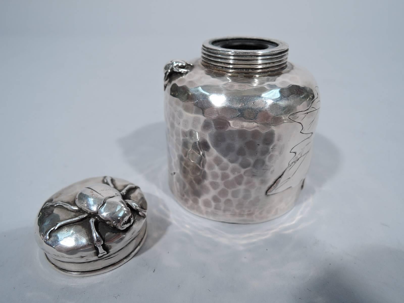 Aesthetic Movement Rare Tiffany Hand-Hammered and Applied Silver Inkwell with Bugs
