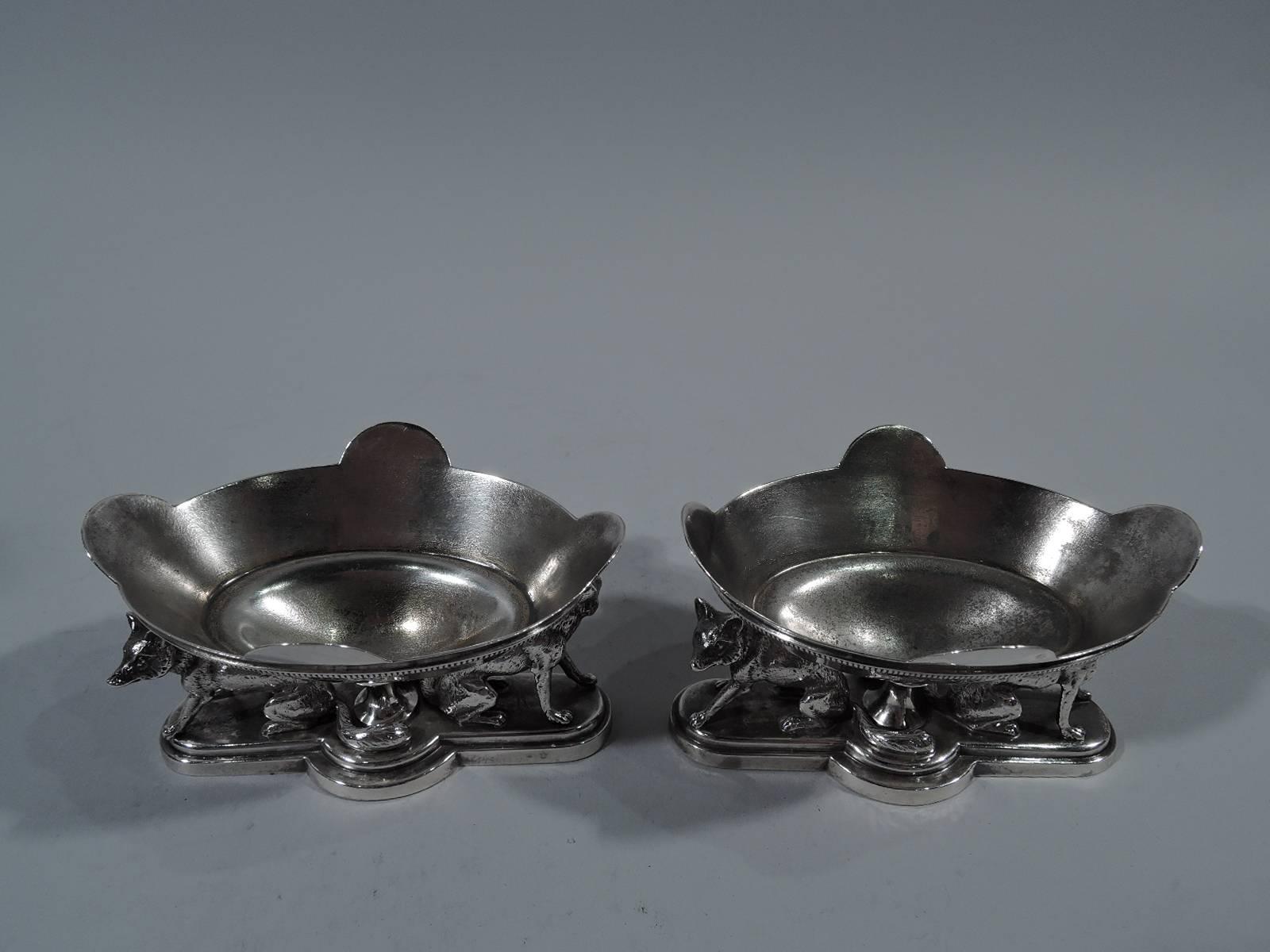 Victorian Pair of Rare and Wonderful Gorham Coin Silver Open Salts with Foxes