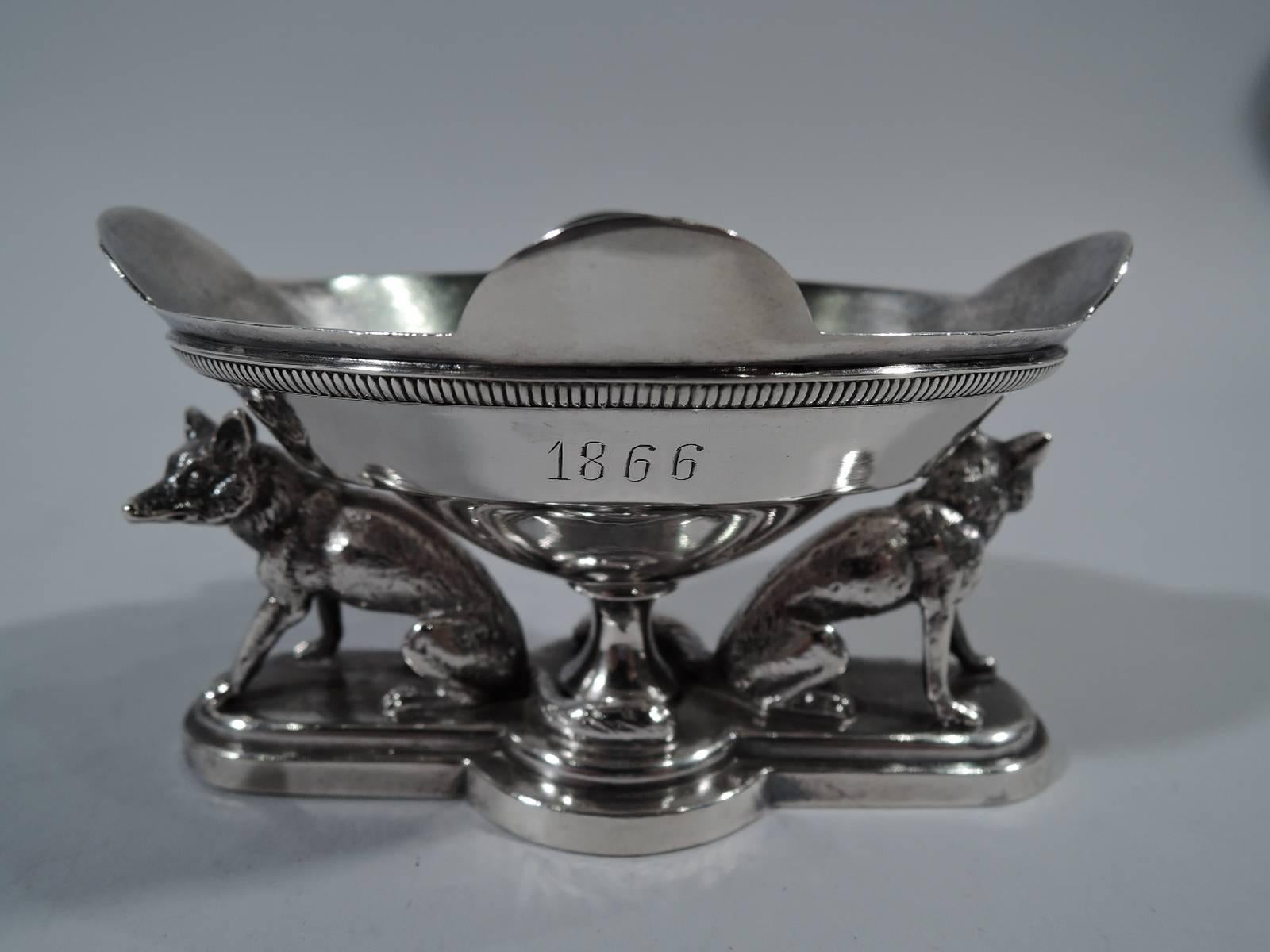 American Pair of Rare and Wonderful Gorham Coin Silver Open Salts with Foxes