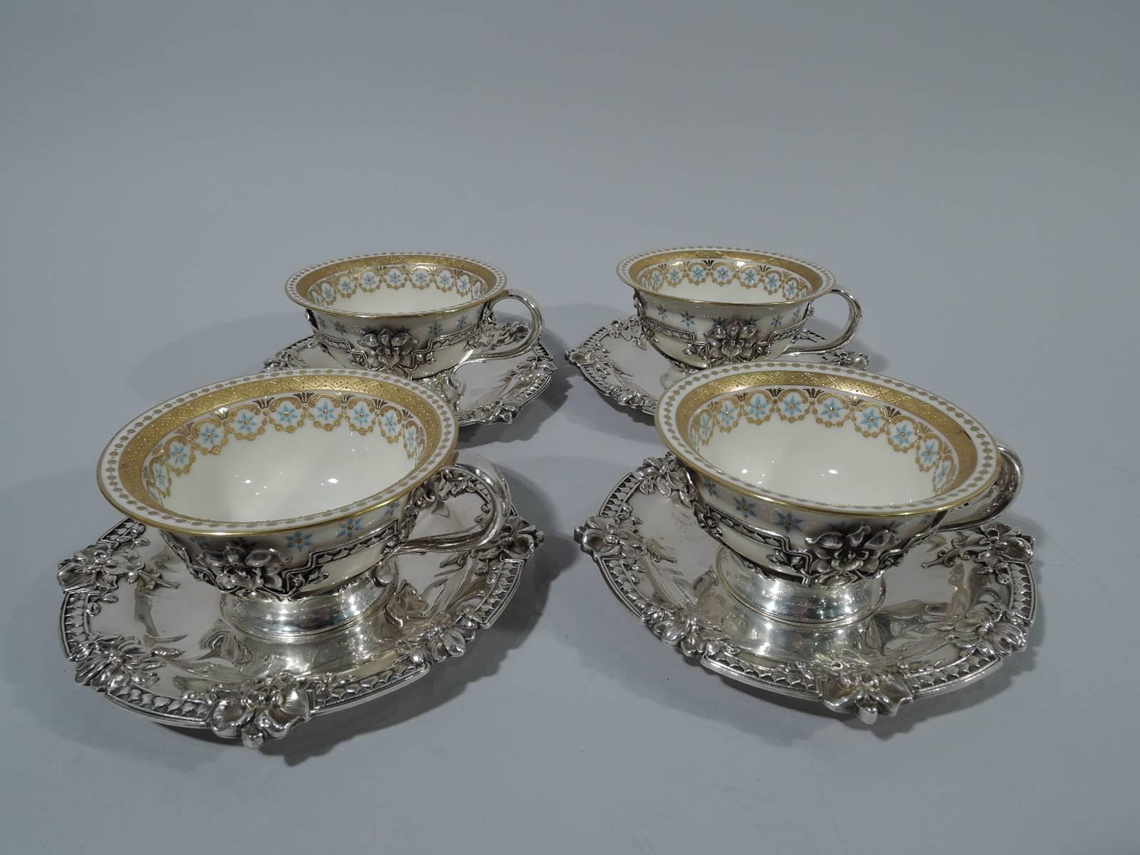 American Set of 8 Antique Art Nouveau Tiffany Coffee Holders-Saucers with Lenox Liners