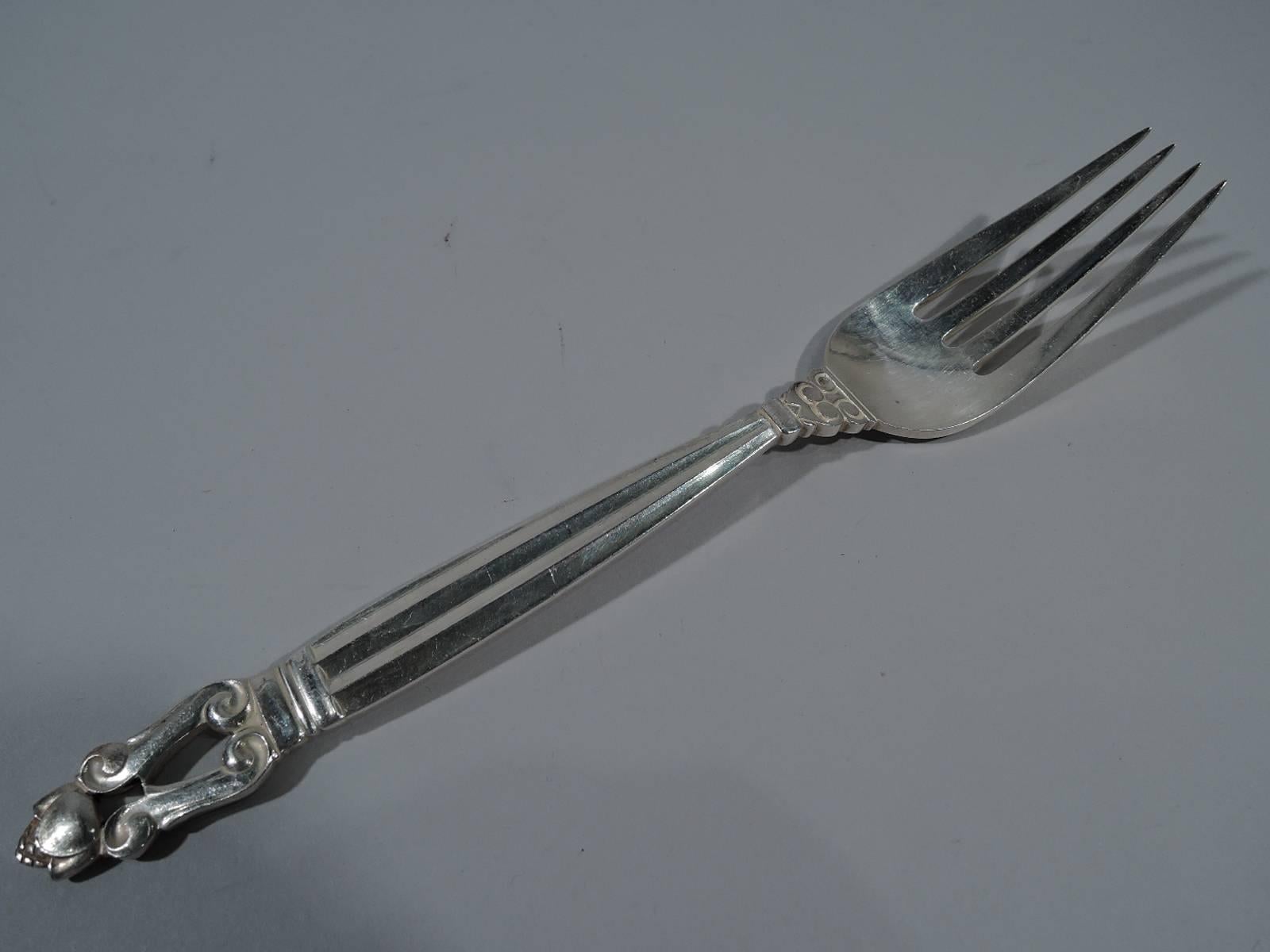 Sterling silver dinner service in Acorn pattern. Made by Georg Jensen in Copenhagen. This service comprises 72 pieces (dimensions in inches): Knives: 12 dinner knives (9); Forks: 12 dinner forks (7 3/8) and 12 3-tine salad forks (6 1/2); Spoons: 12