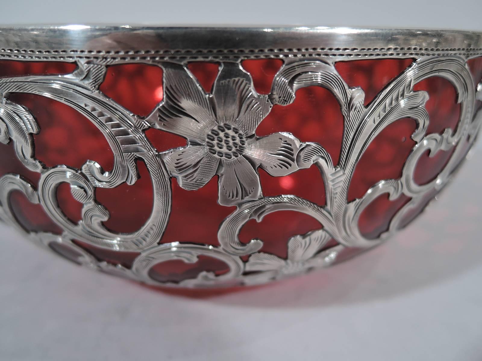American Antique Alvin Art Nouveau Silver Overlay and Red Glass Bowl