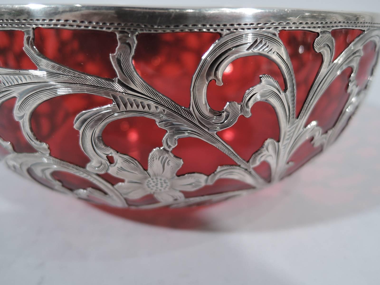 Antique Alvin Art Nouveau Silver Overlay and Red Glass Bowl In Excellent Condition In New York, NY