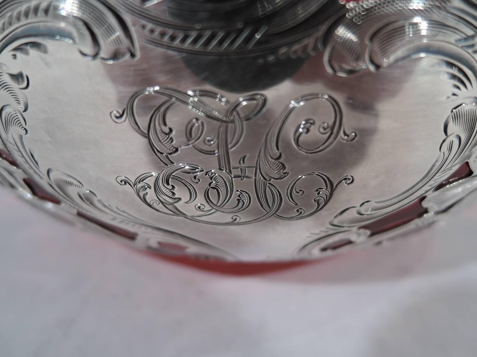 20th Century Antique Alvin Art Nouveau Silver Overlay and Red Glass Bowl