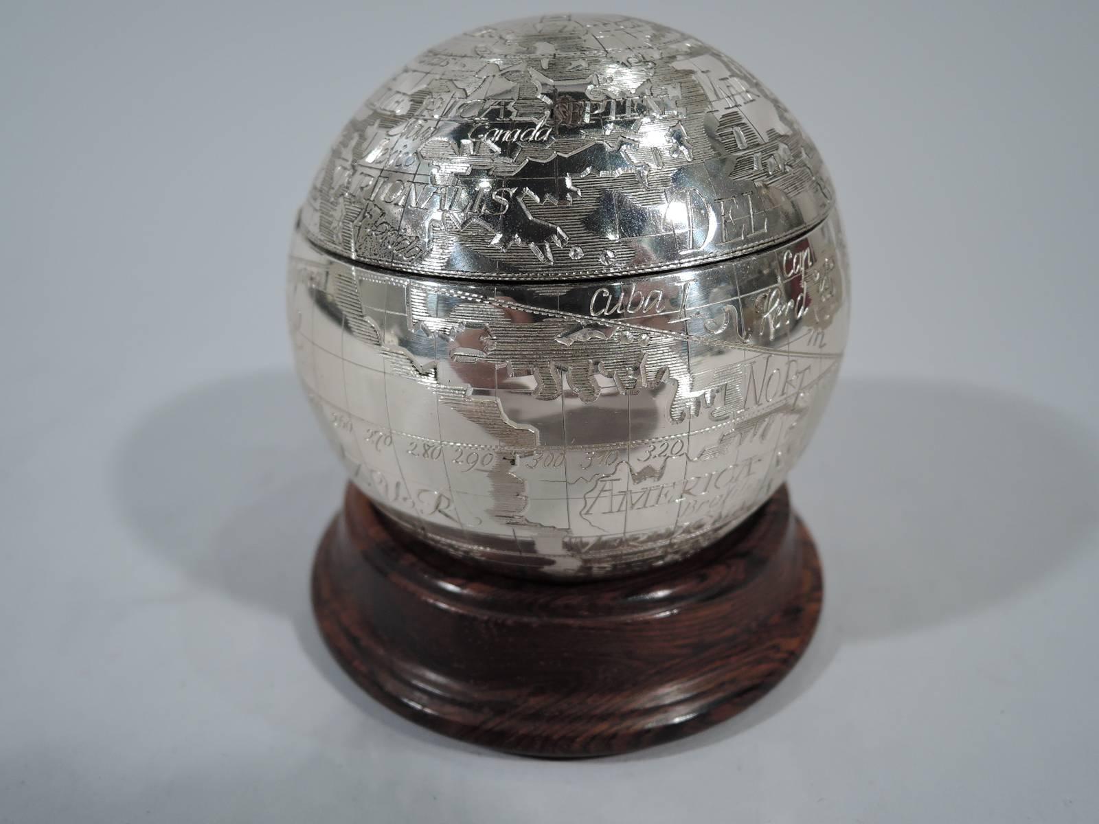 Modern Tiffany Sterling Silver World Globe Box with Oceans and Continents