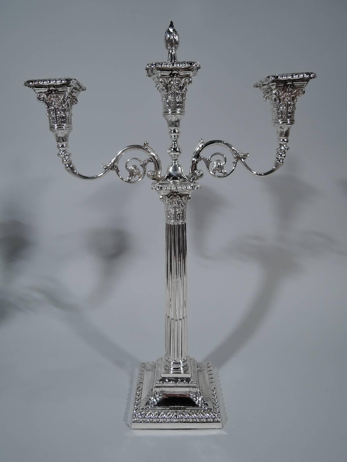 Late 19th Century Pair of English Neoclassical Sterling Silver Three-Light Candelabra