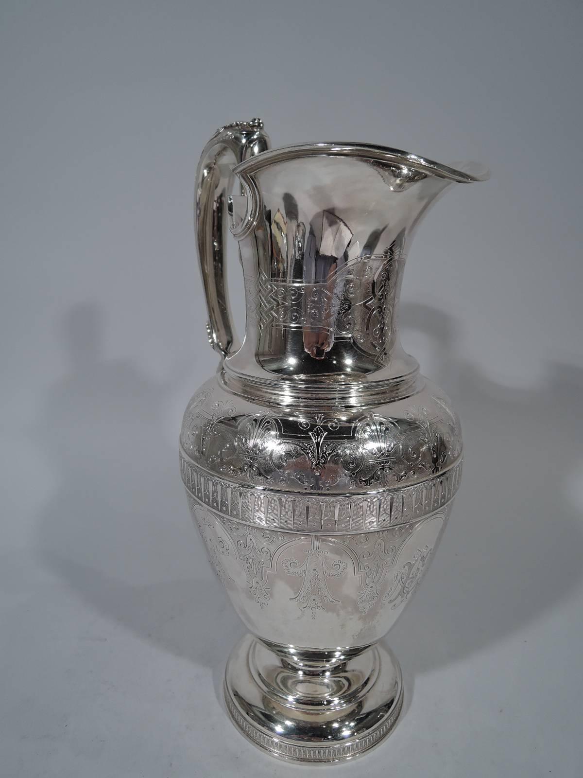 Early sterling silver ewer. Retailed by Tiffany & Co. in New York. Ovoid body with helmet mouth, high-looping handle, and stepped foot. Stylized ornament including volute scrolls, leaves, and leaf-and-dart. Handle has same ornament applied to ribbed