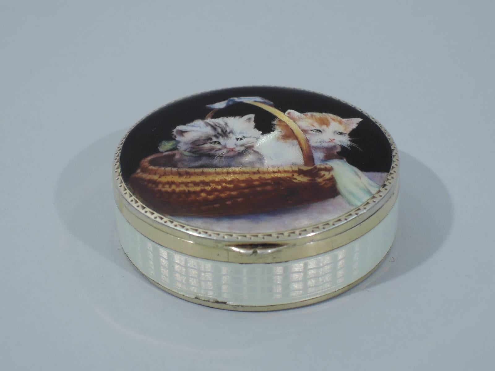 Edwardian Antique Cats in a Basket Compact in Silver Gilt and Enamel