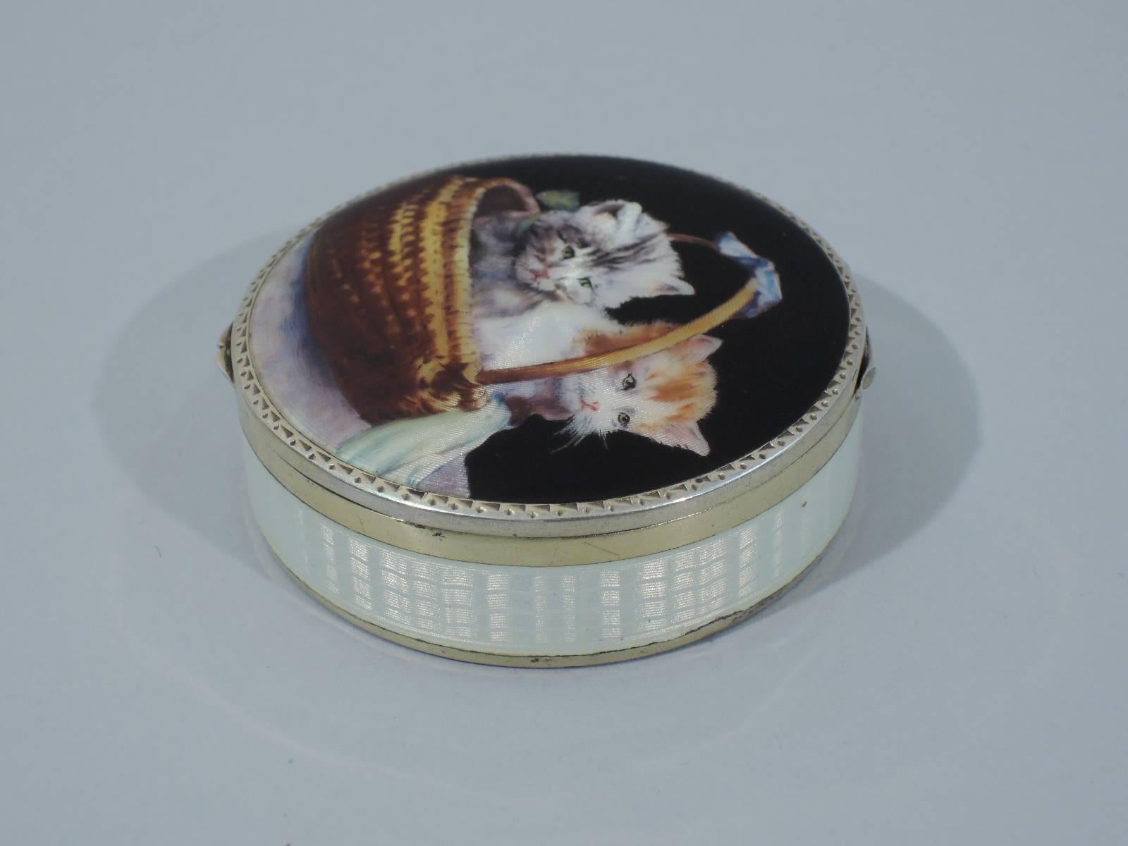 European Antique Cats in a Basket Compact in Silver Gilt and Enamel
