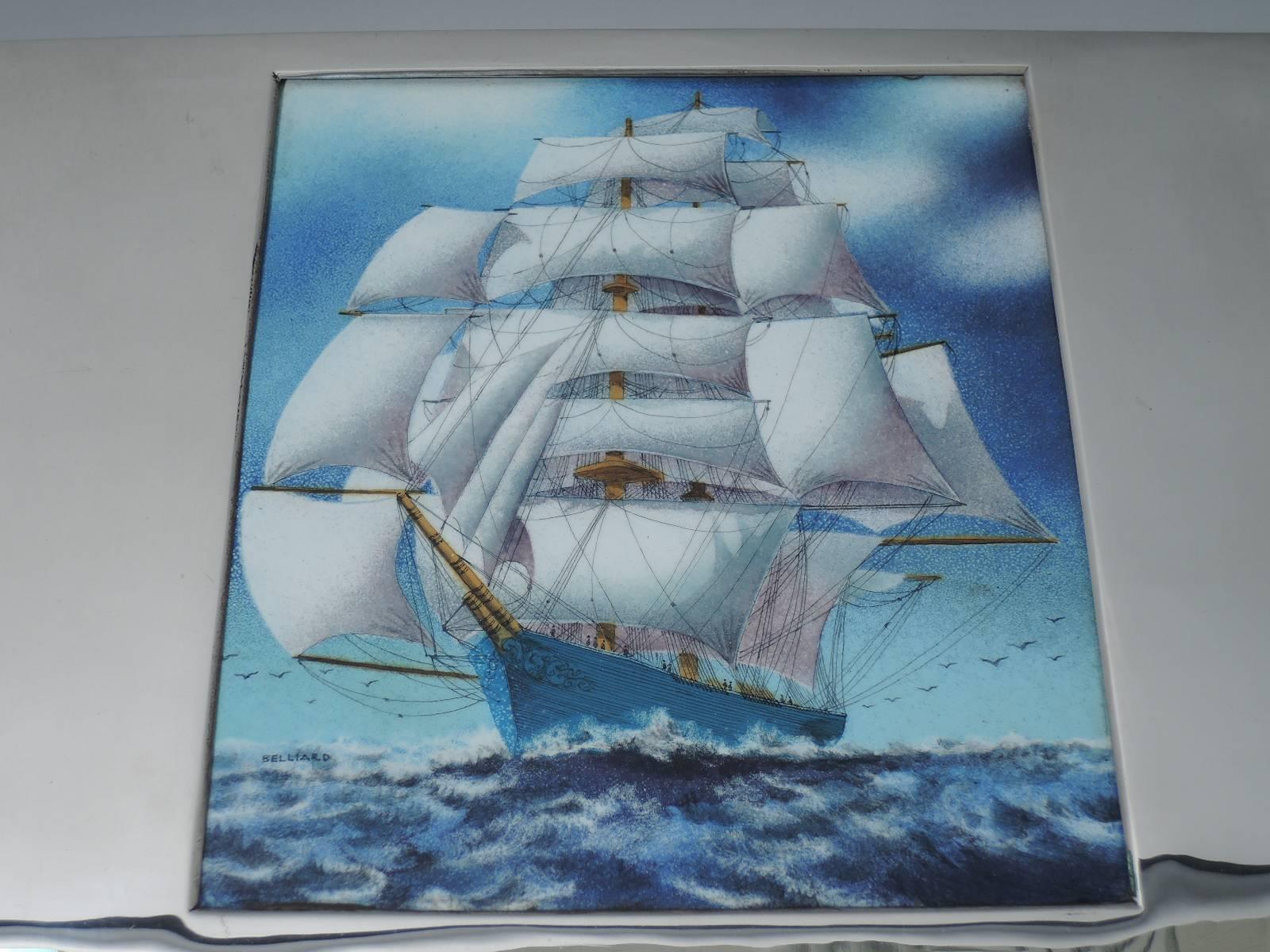 Large American Sterling Silver Box with Enamel Nautical Scene In Excellent Condition In New York, NY