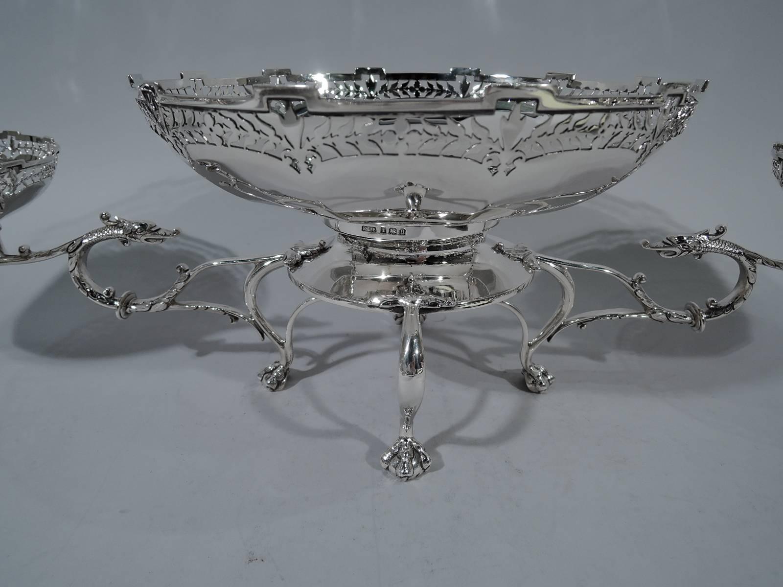 Edwardian Unusual English Sterling Silver Three-Basket Epergne with Exotic Dragons