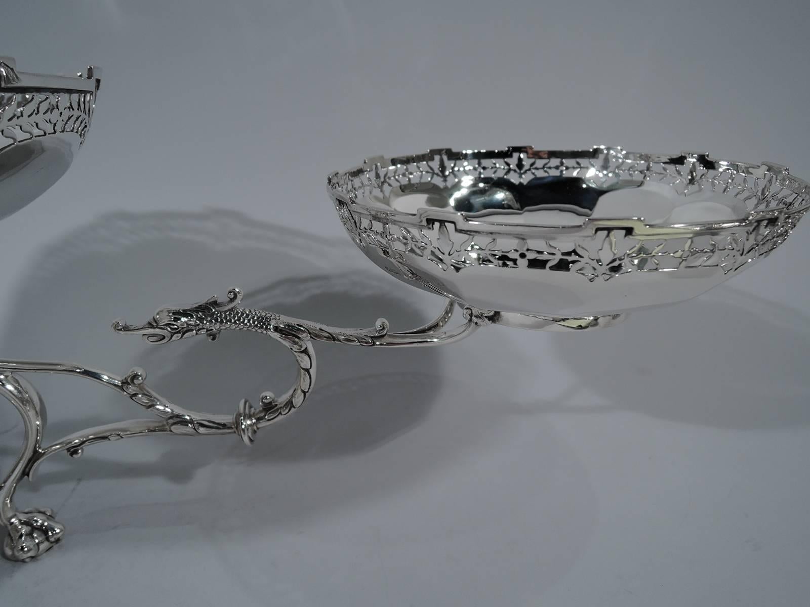 Unusual English Sterling Silver Three-Basket Epergne with Exotic Dragons In Excellent Condition In New York, NY
