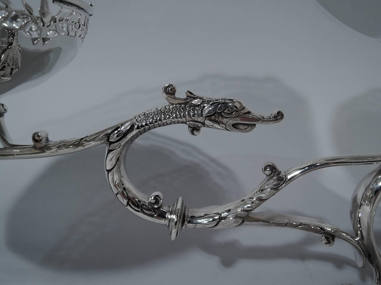 Unusual English Sterling Silver Three-Basket Epergne with Exotic Dragons 2