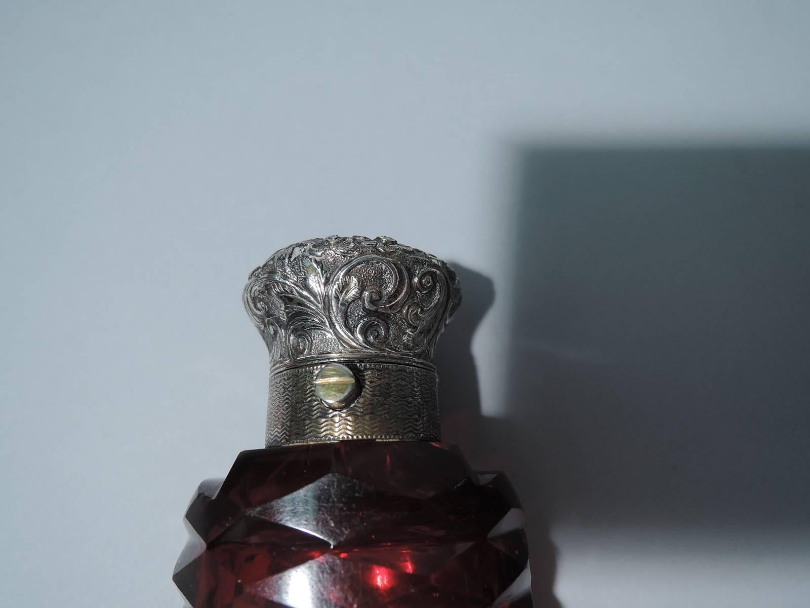 19th Century Antique European Silver and Faceted Ruby Glass Perfume