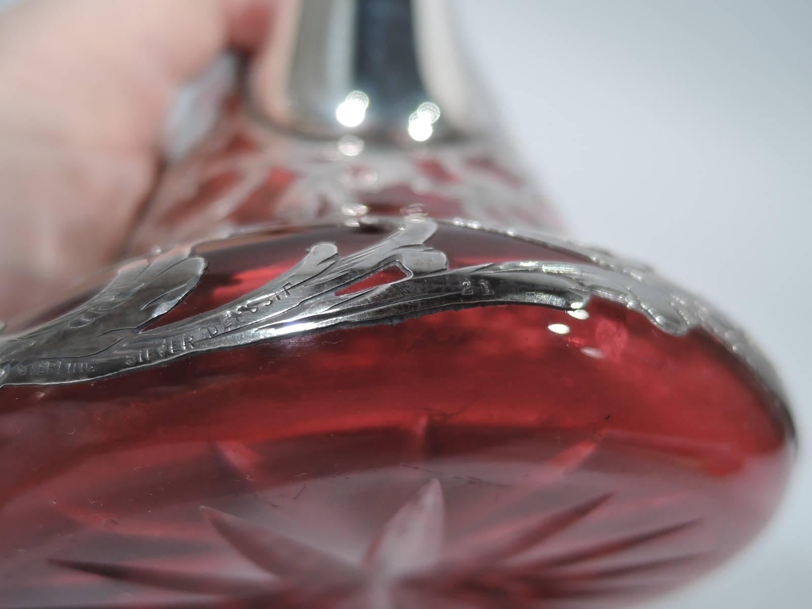 American Art Nouveau Ruby Red Glass Claret Jug with Silver Overlay 4