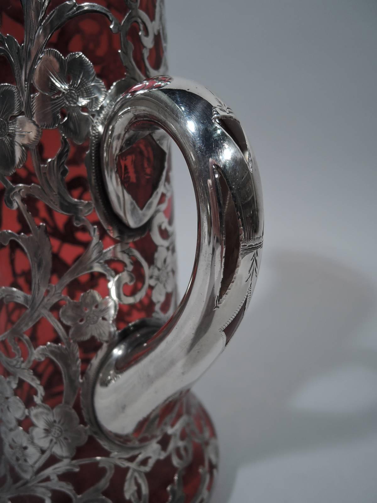 20th Century American Art Nouveau Ruby Red Glass Claret Jug with Silver Overlay