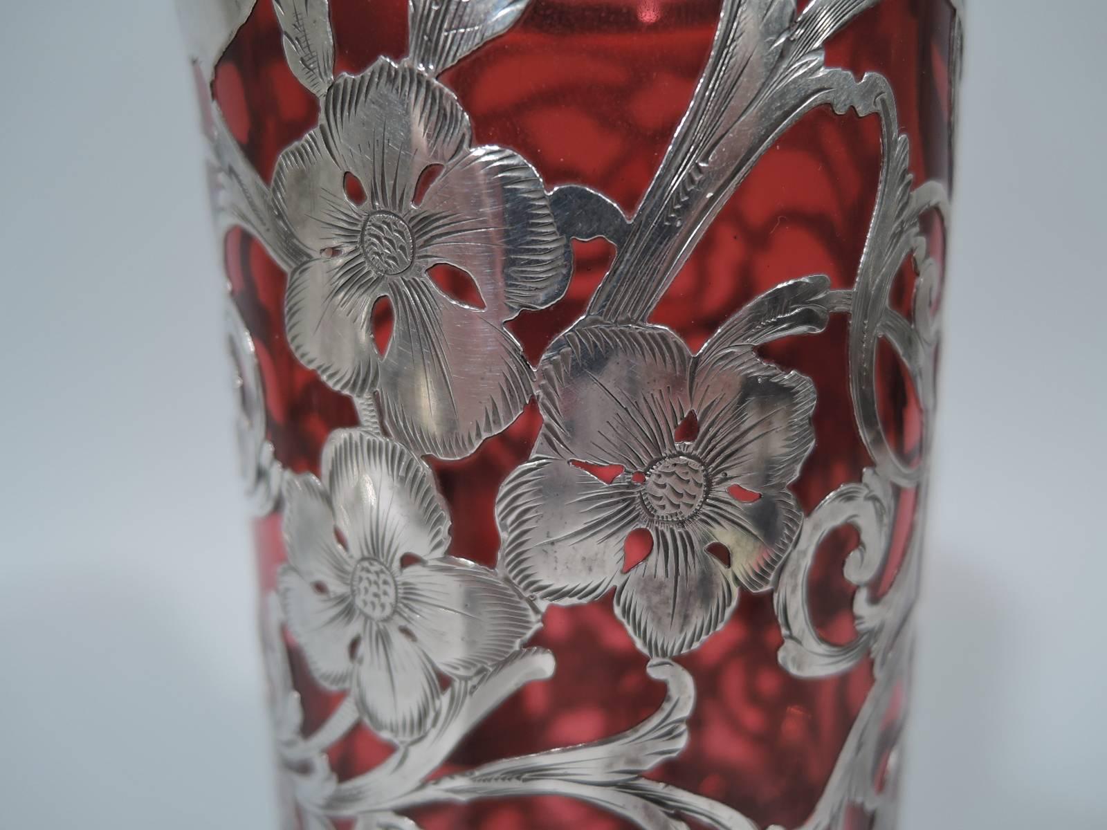 American Art Nouveau Ruby Red Glass Claret Jug with Silver Overlay 1