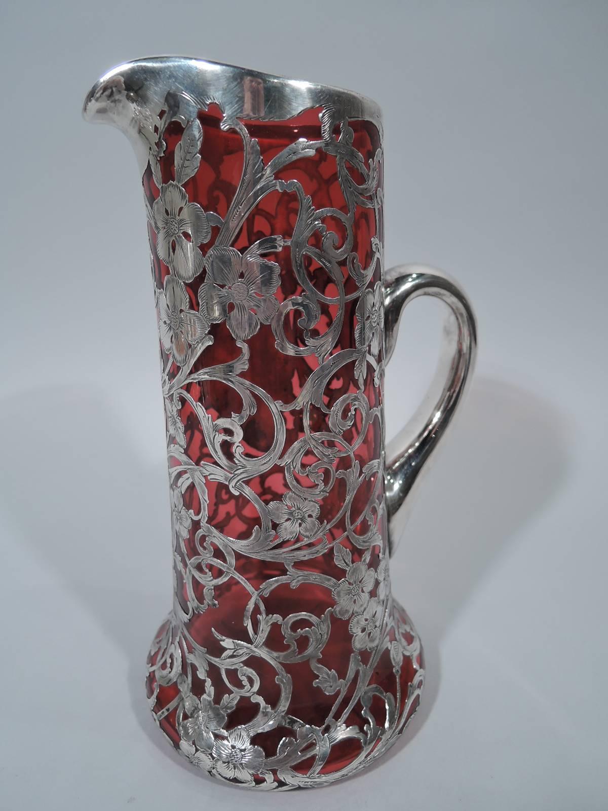American Art Nouveau Ruby Red Glass Claret Jug with Silver Overlay In Excellent Condition In New York, NY