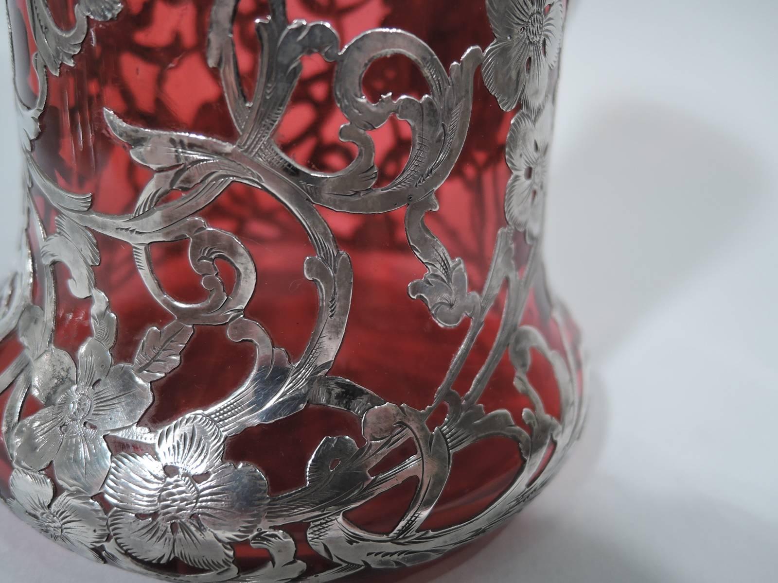 American Art Nouveau Ruby Red Glass Claret Jug with Silver Overlay 2