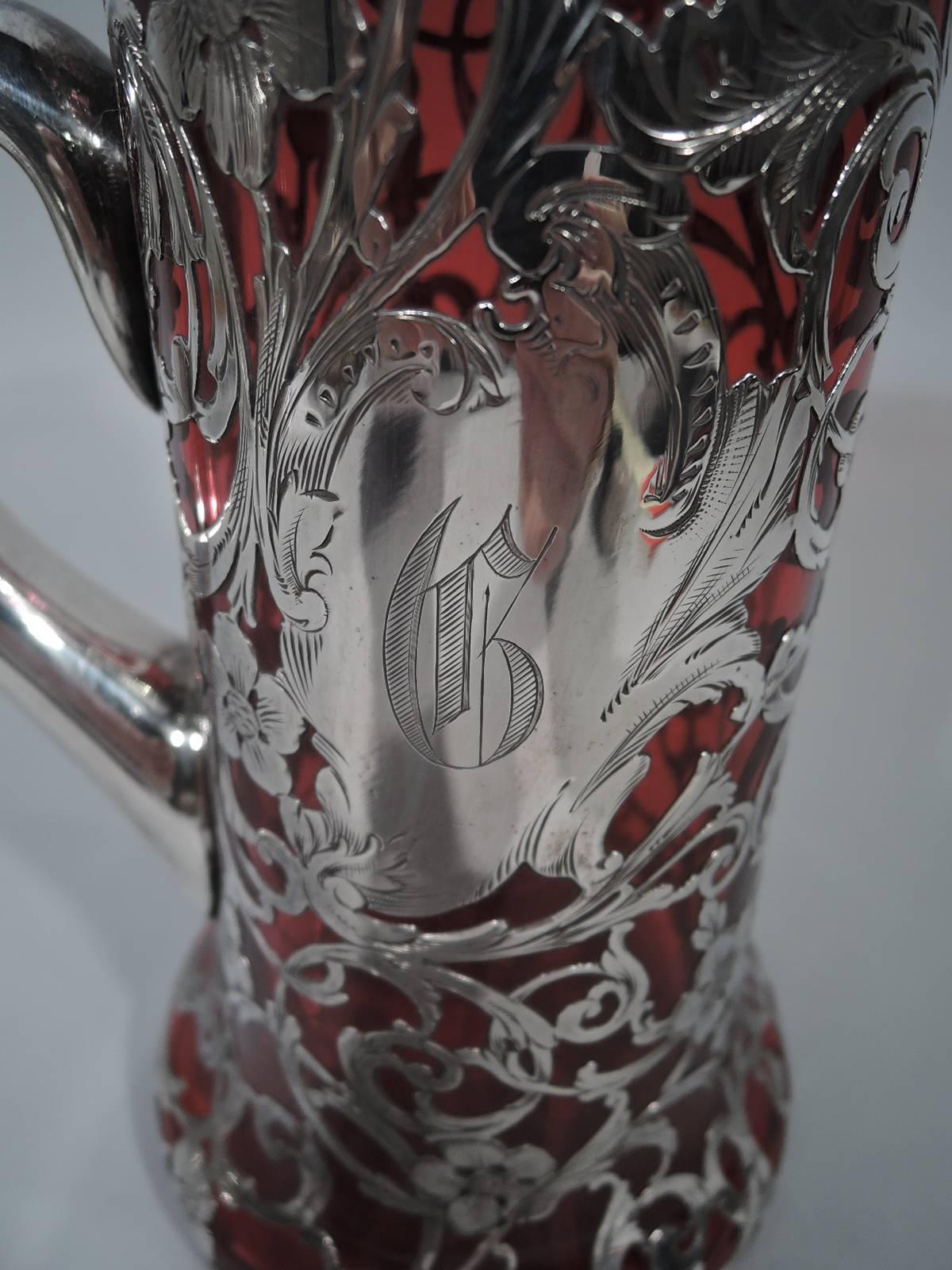 American Art Nouveau Ruby Red Glass Claret Jug with Silver Overlay 3