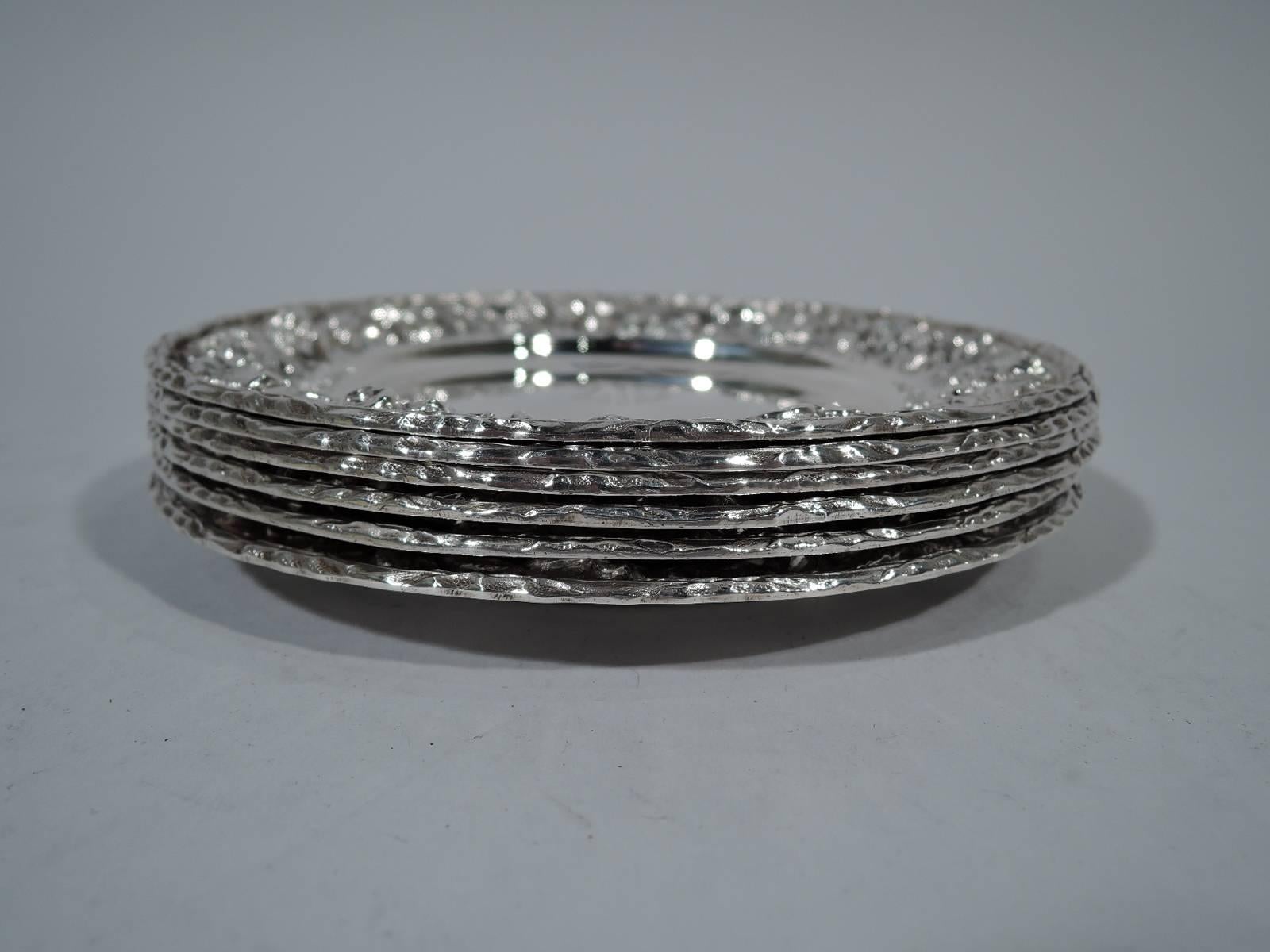 Victorian Set of Six Kirk Repousse Sterling Silver Bread and Butter Plates