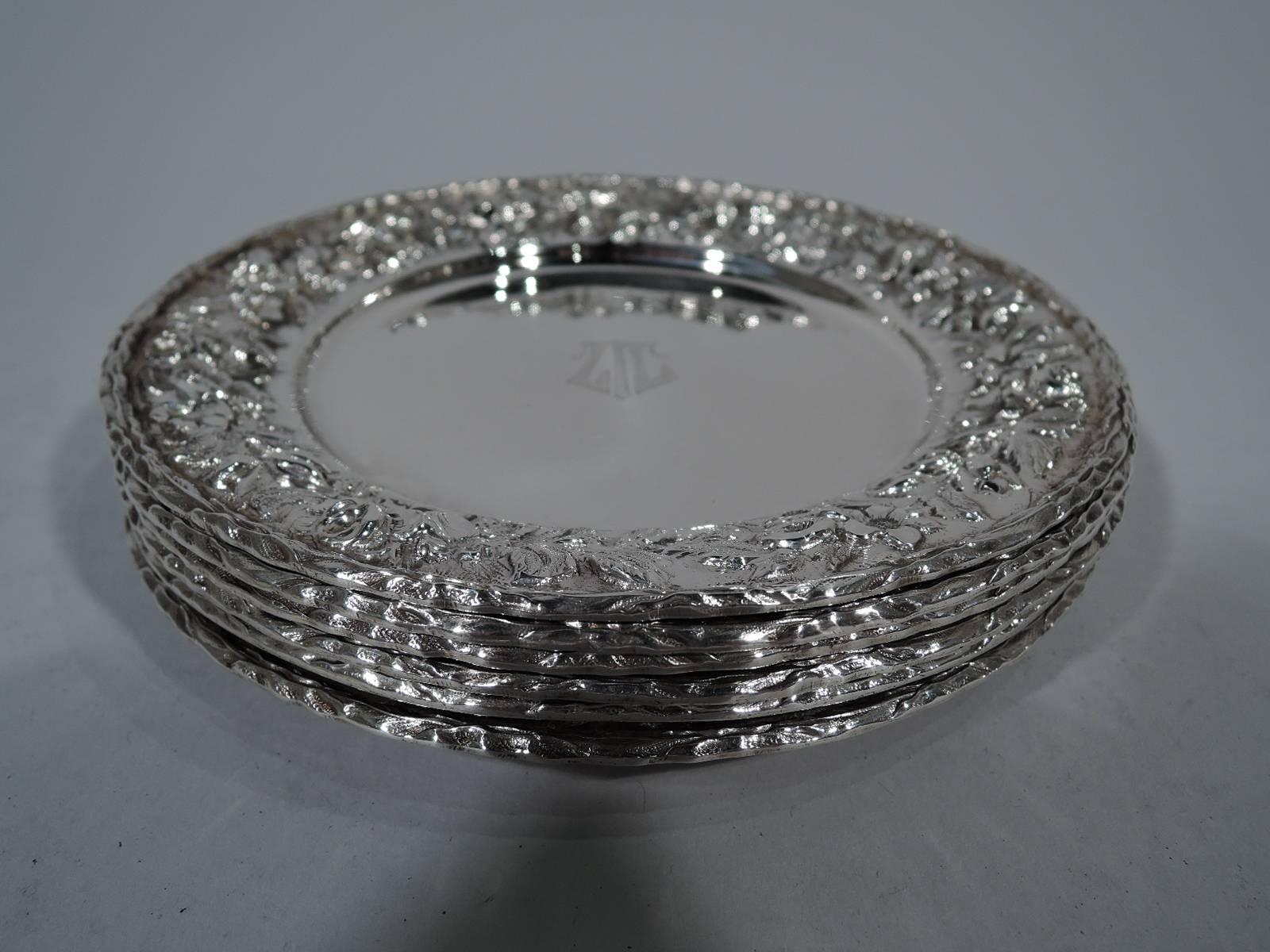 Set of Six Kirk Repousse Sterling Silver Bread and Butter Plates For