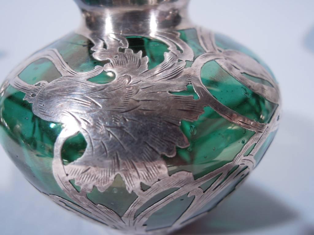 La Pierre Art Nouveau Green Glass Vase with Silver Overlay In Excellent Condition In New York, NY