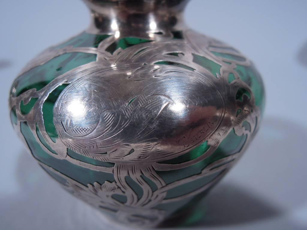 American La Pierre Art Nouveau Green Glass Vase with Silver Overlay