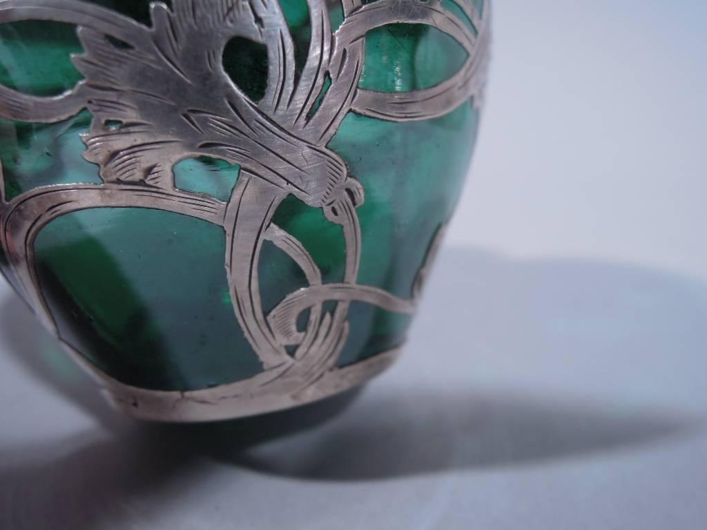 19th Century La Pierre Art Nouveau Green Glass Vase with Silver Overlay