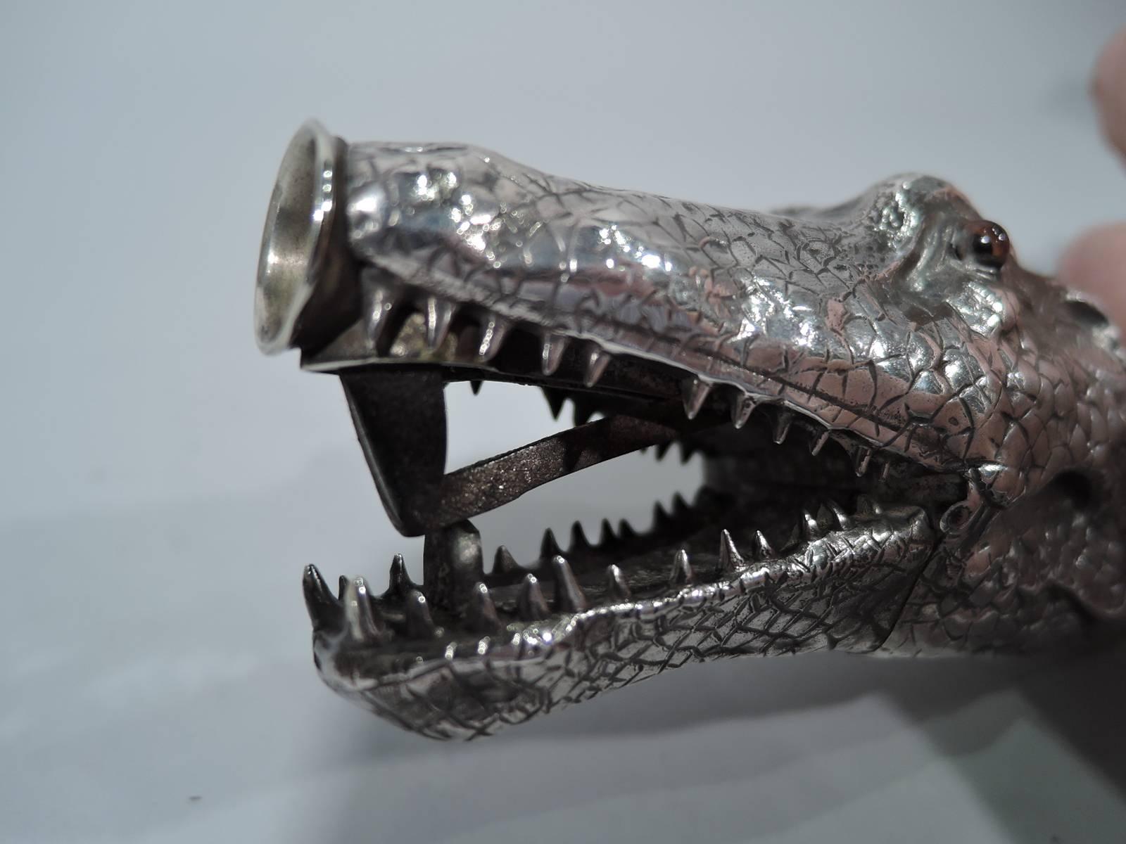 Antique Austrian Boar’s Tusk Cigar Cutter with Silver Crocodile Head In Excellent Condition In New York, NY