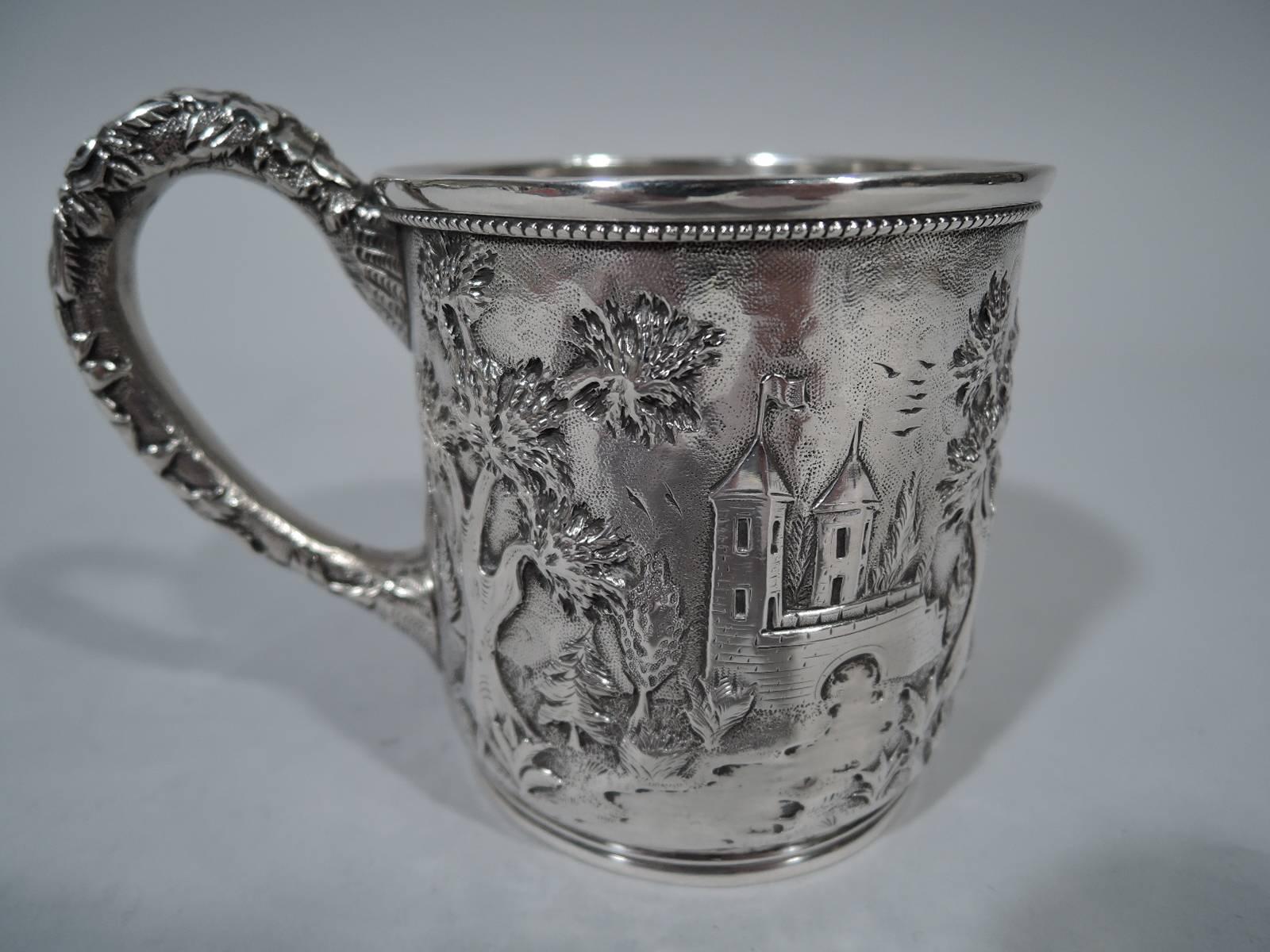 Victorian Antique Baltimore Sterling Silver Baby Cup with Pastoral Landscape