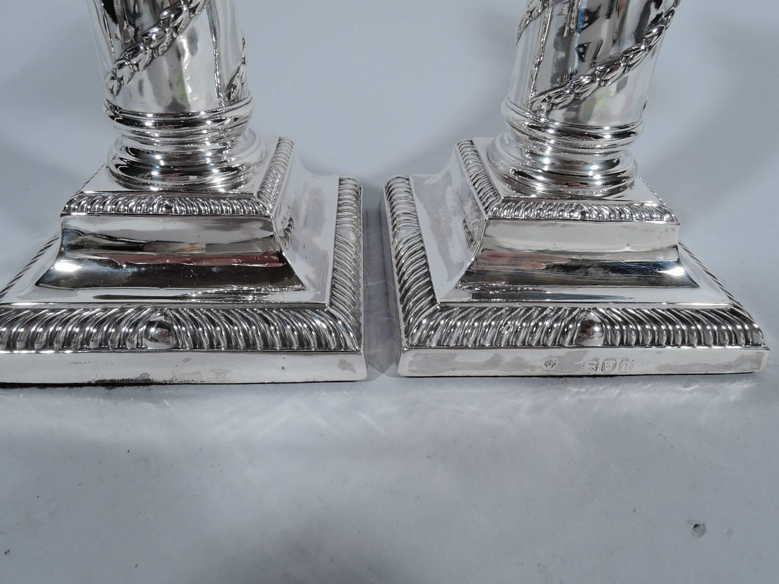 Pair of Antique English Sterling Silver Classical Column Candlesticks In Good Condition In New York, NY