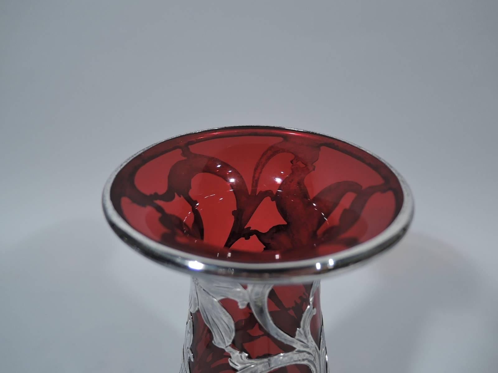 American Alvin Art Nouveau Ruby Red Glass Vase with Silver Overlay