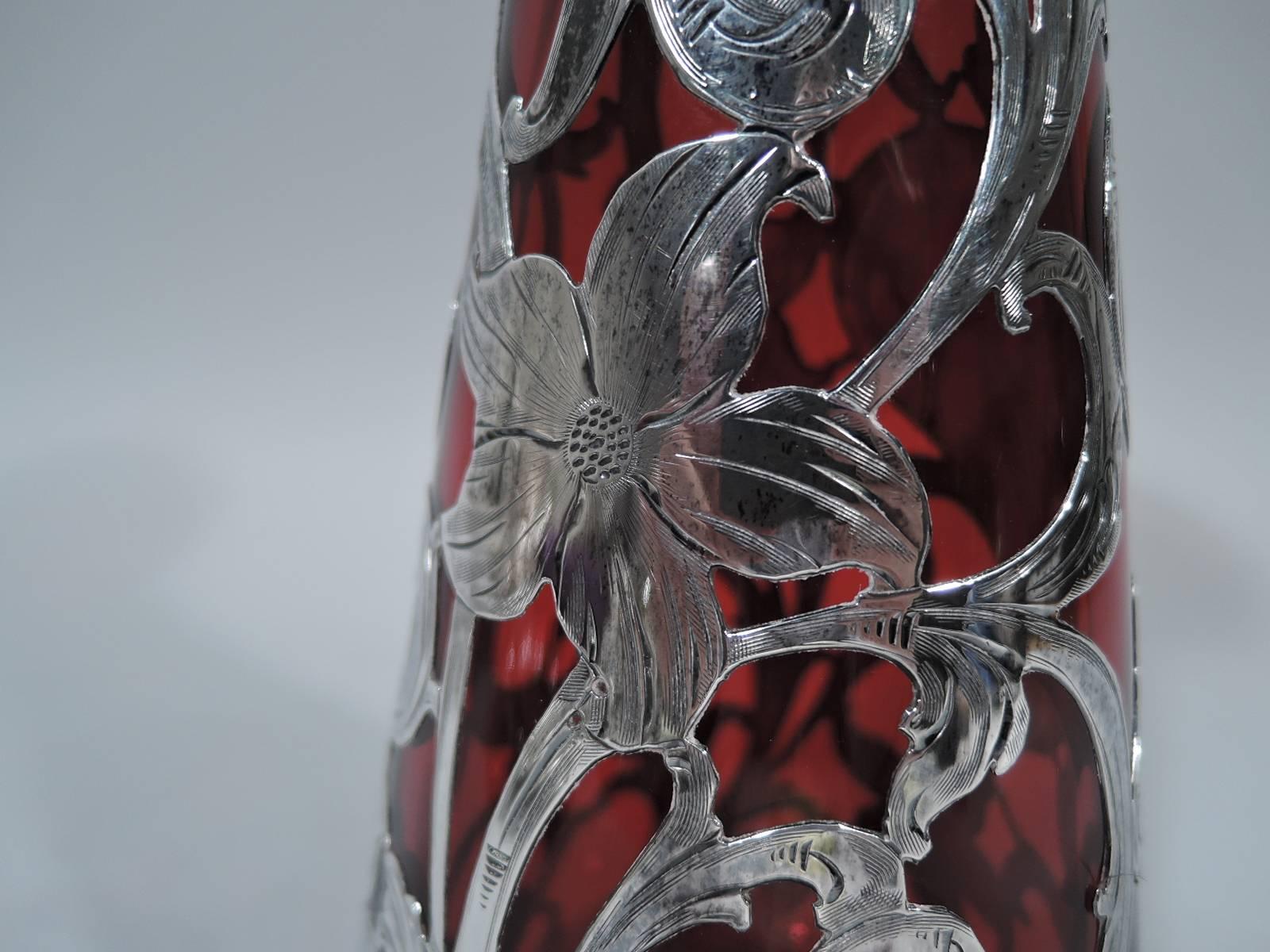 20th Century Alvin Art Nouveau Ruby Red Glass Vase with Silver Overlay