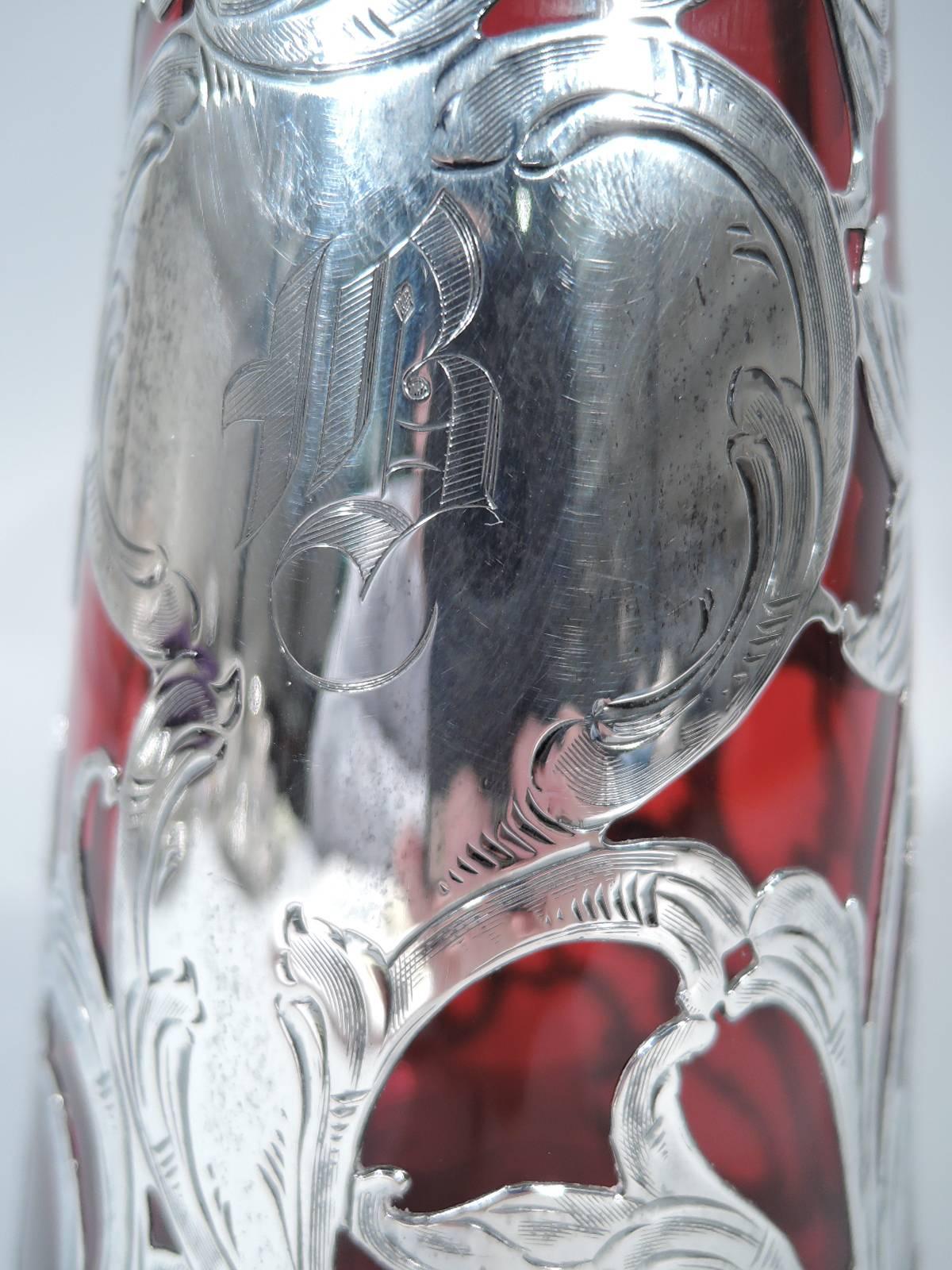 Alvin Art Nouveau Ruby Red Glass Vase with Silver Overlay 1