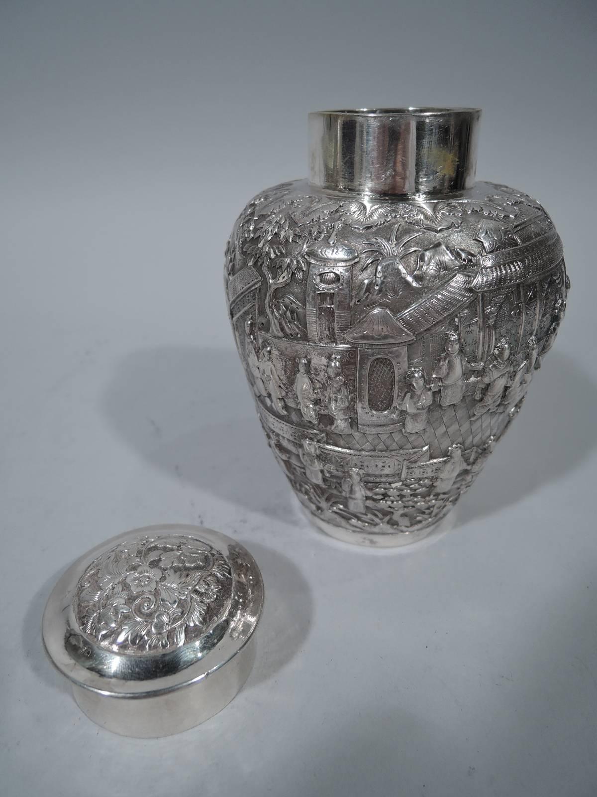 19th Century Antique Chinese Export Silver Tea Caddy by Hung Chong