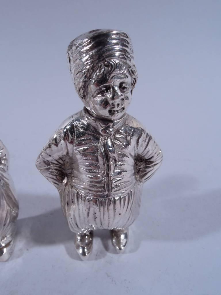 Pair of German Silver Country Children Salt and Pepper Shakers For Sale