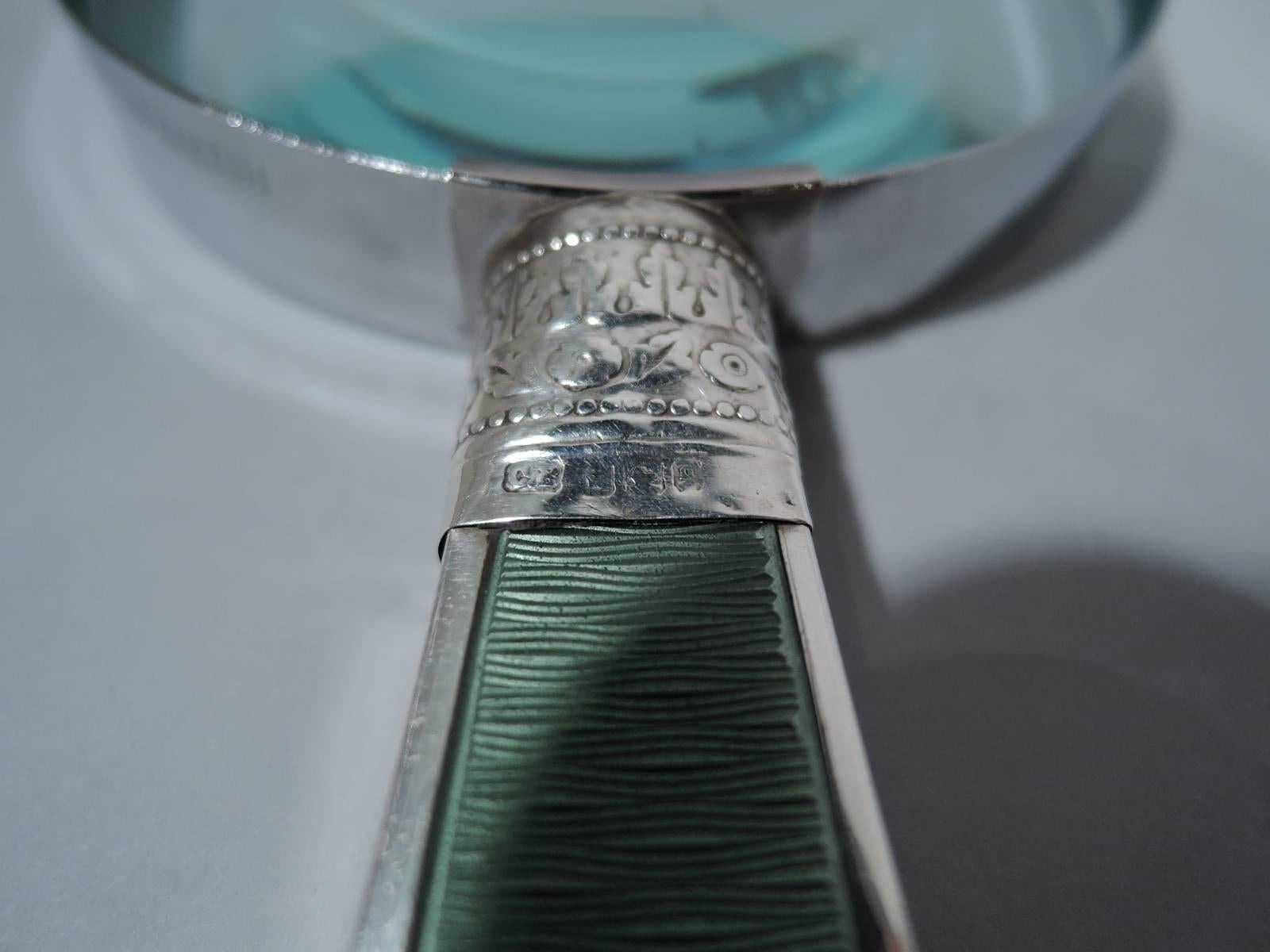 Edwardian English Sterling Silver and Celadon Green Enamel Magnifying Glass