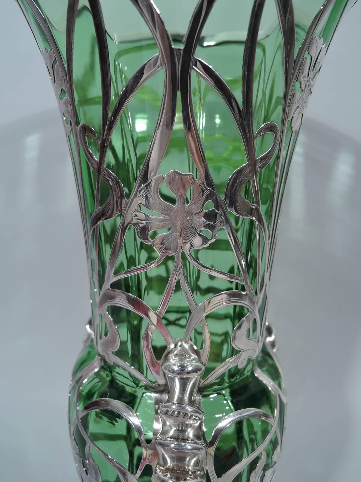American Gorham Tall and Unusual Silver Overlay Green Glass Vase