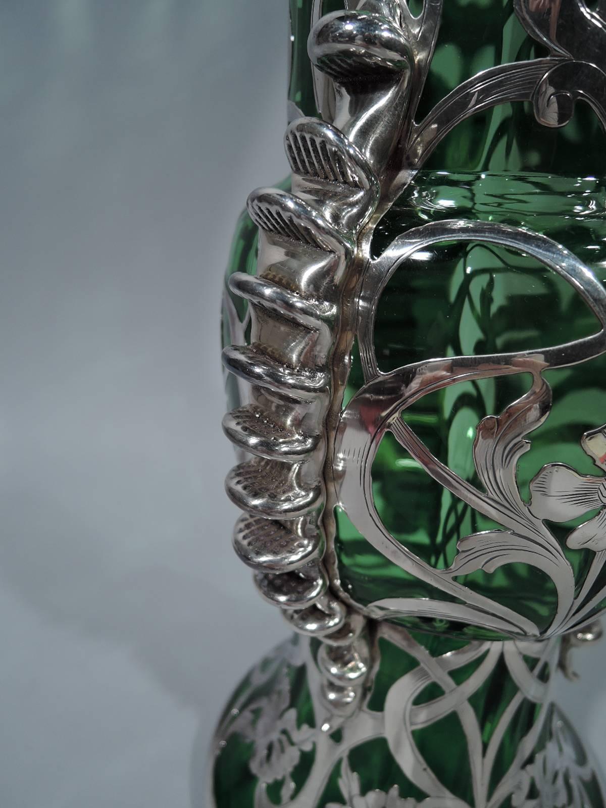 Gorham Tall and Unusual Silver Overlay Green Glass Vase In Excellent Condition In New York, NY