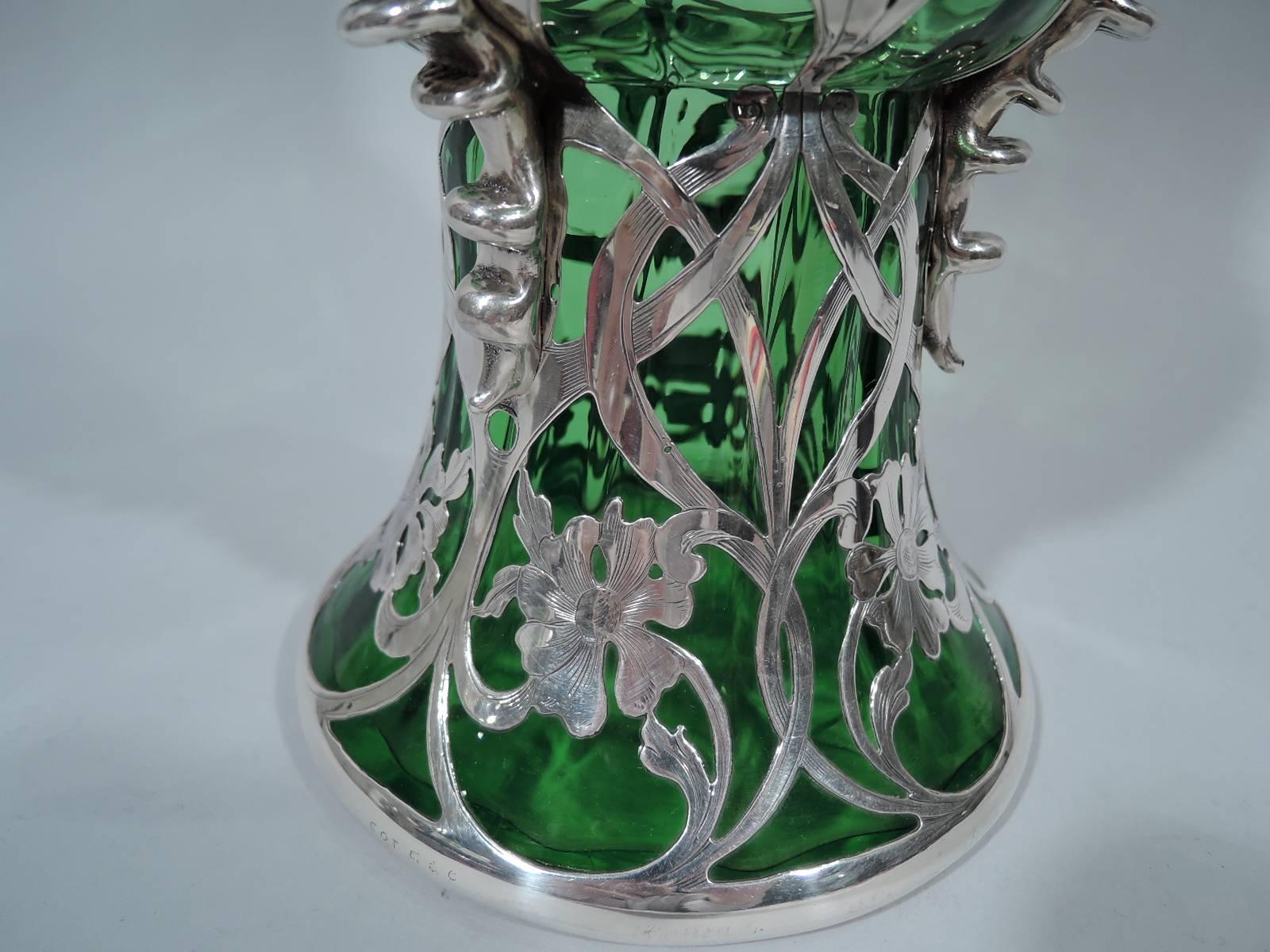 19th Century Gorham Tall and Unusual Silver Overlay Green Glass Vase