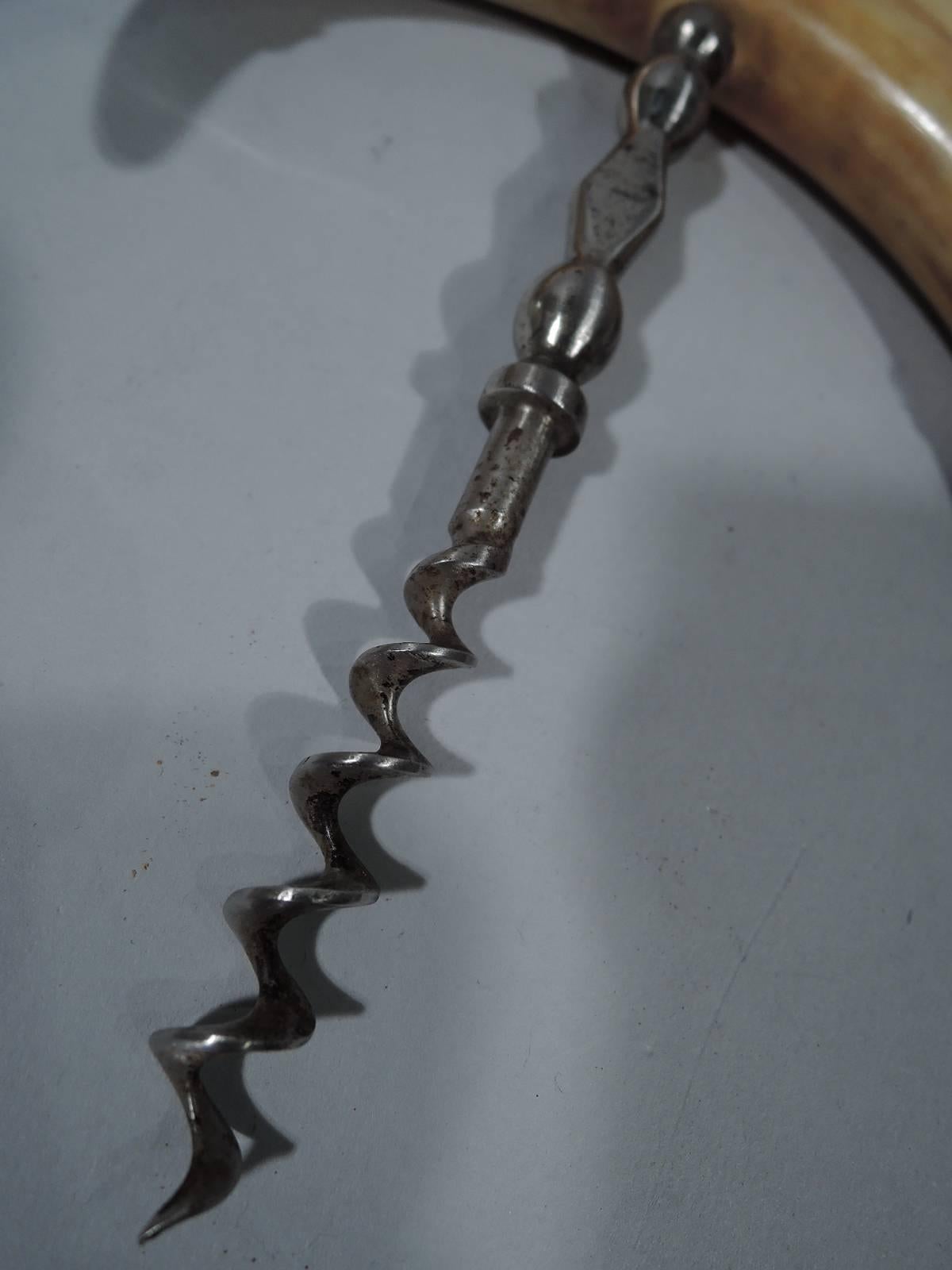 Antique American Lady's Size Sterling Silver Corkscrew with Tusk Handle 1
