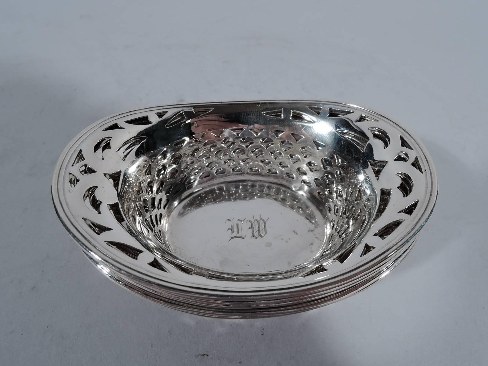 Set of Six Antique American Edwardian Sterling Silver Basket Nut Bowls In Excellent Condition In New York, NY